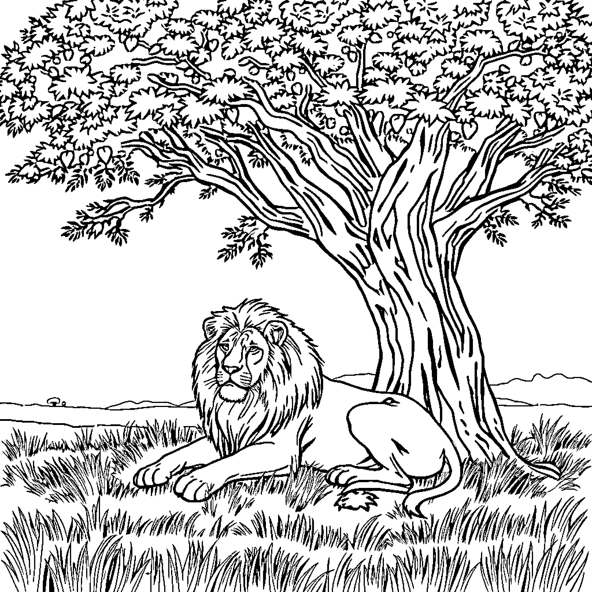 Lion resting under a large tree Coloring Page (free black-and-white line drawing printable PDF for all, from beginners to advanced learners, including children, teens, adults, and seniors)