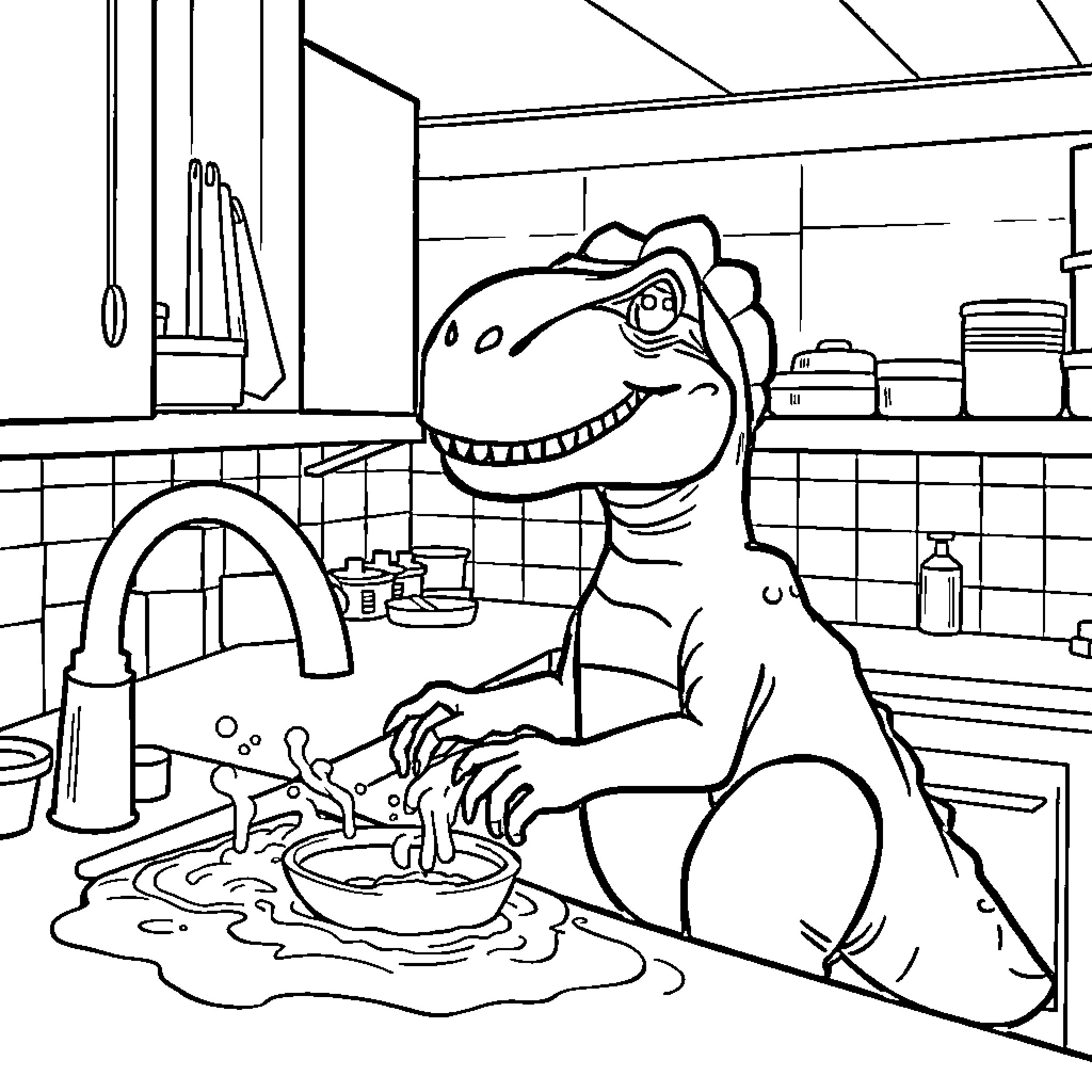 Dinosaur cooking and making a mess in the kitchen Coloring Page (free black-and-white line drawing printable PDF for all, from beginners to advanced learners, including children, teens, adults, and seniors)