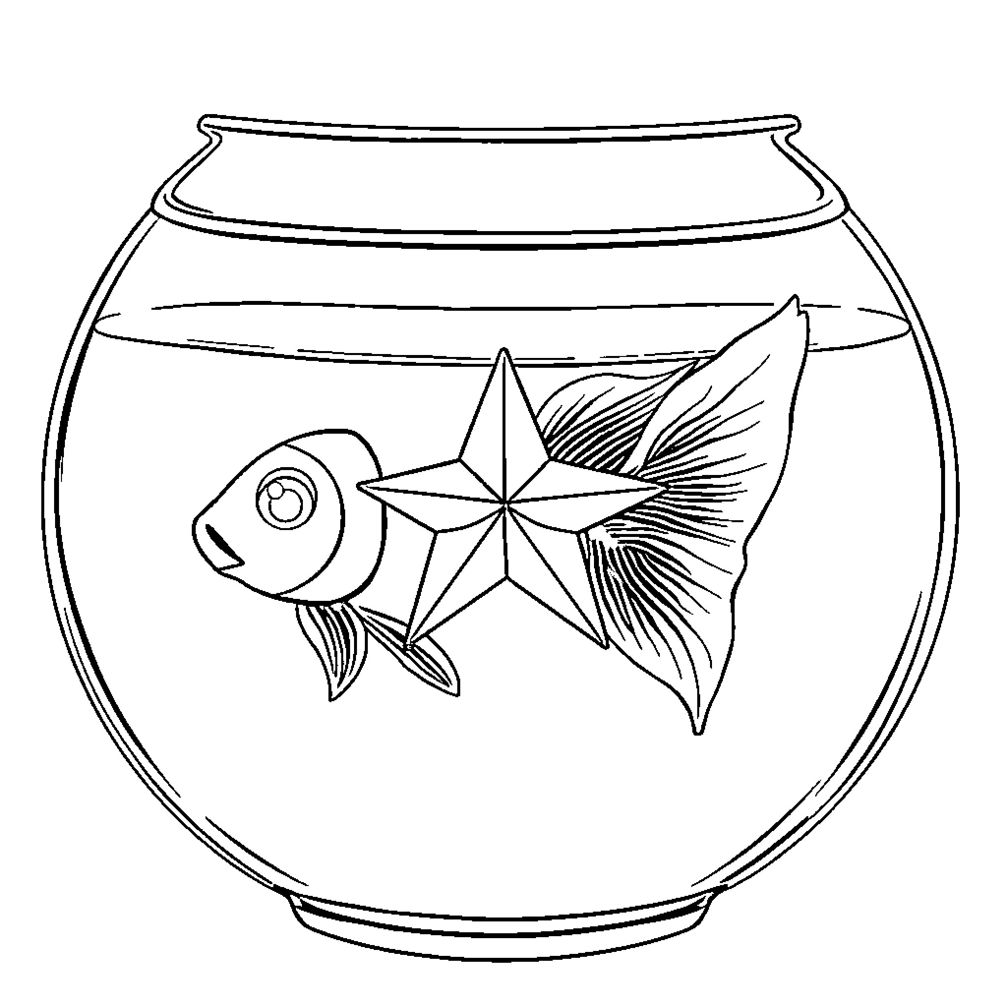 Star fish swimming in a fishbowl Coloring Page (free black-and-white line drawing printable PDF for all, from beginners to advanced learners, including children, teens, adults, and seniors)