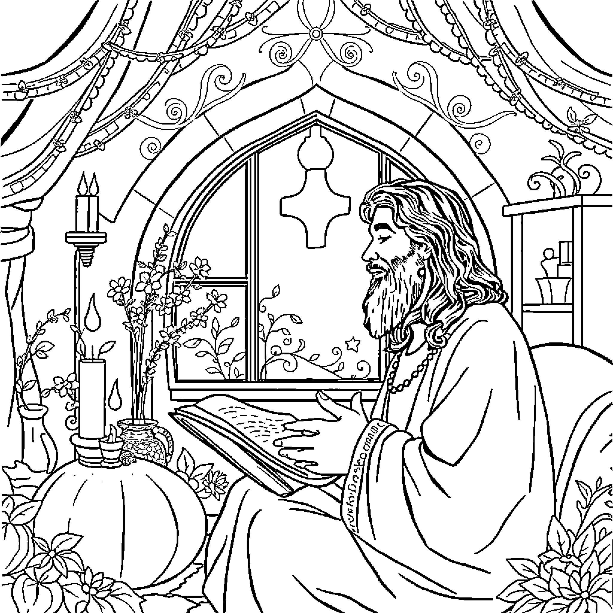 Rumi in contemplative pose by a window Coloring Page (free black-and-white line drawing printable PDF for all, from beginners to advanced learners, including children, teens, adults, and seniors)