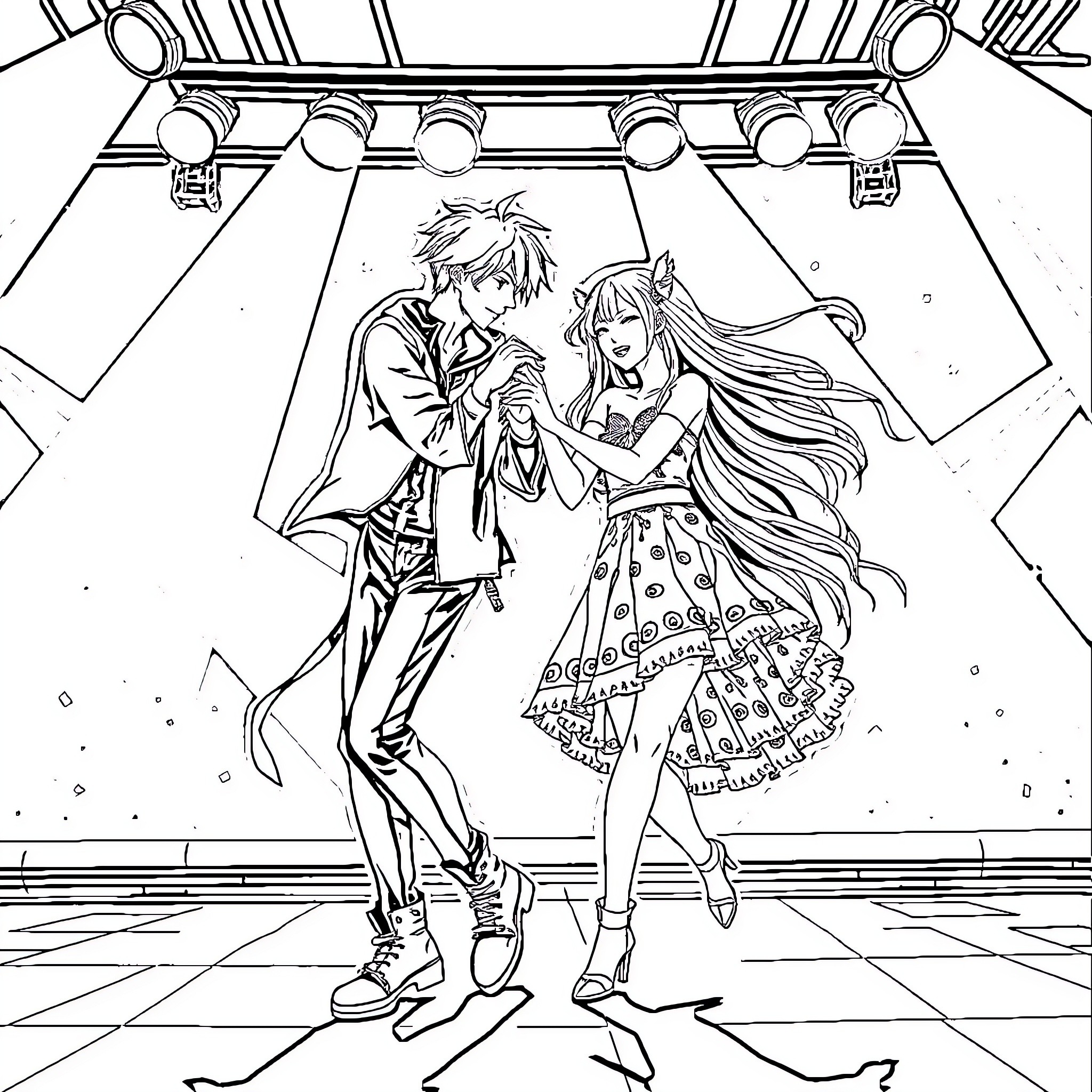 Rumi's stage performance with dance partner Coloring Page (free black-and-white line drawing printable PDF for all, from beginners to advanced learners, including children, teens, adults, and seniors)