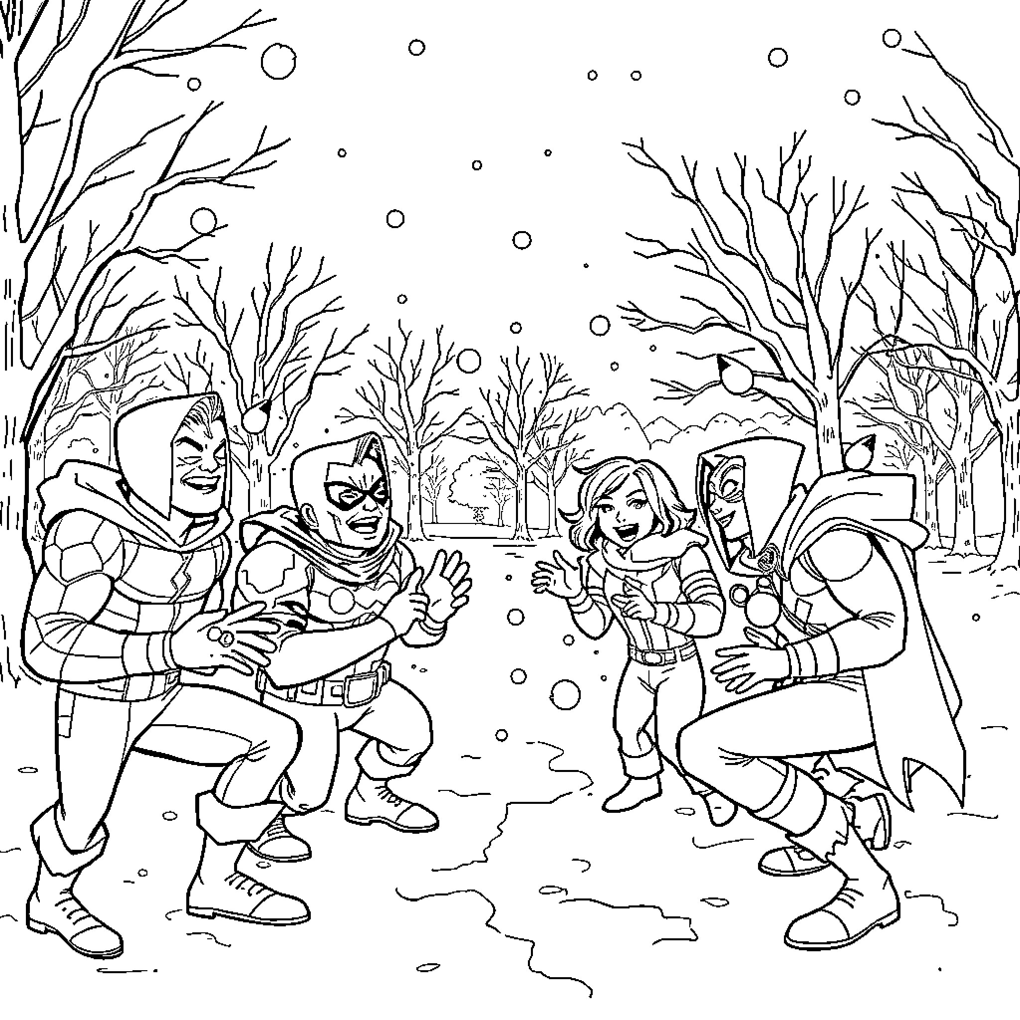 Marvel Characters Playing in Snowy Landscape Coloring Page (free black-and-white line drawing printable PDF for all, from beginners to advanced learners, including children, teens, adults, and seniors)