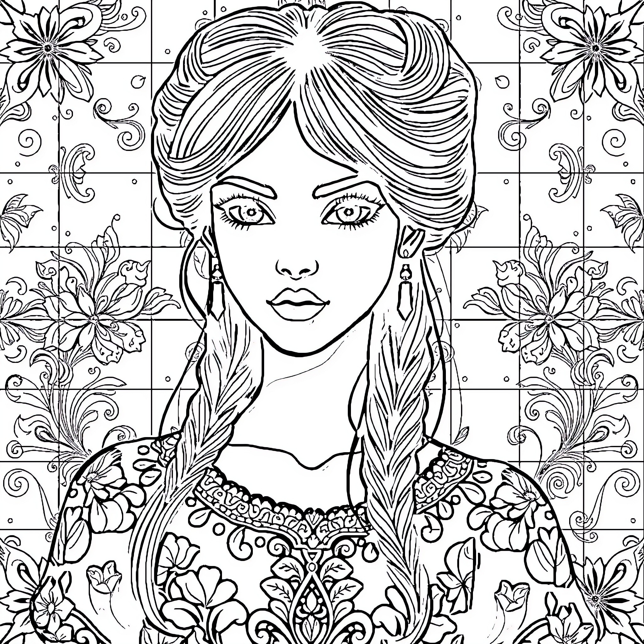 Woman with Intricate Floral Patterned Outfit Coloring Page (free black-and-white line drawing printable PDF for all, from beginners to advanced learners, including children, teens, adults, and seniors)