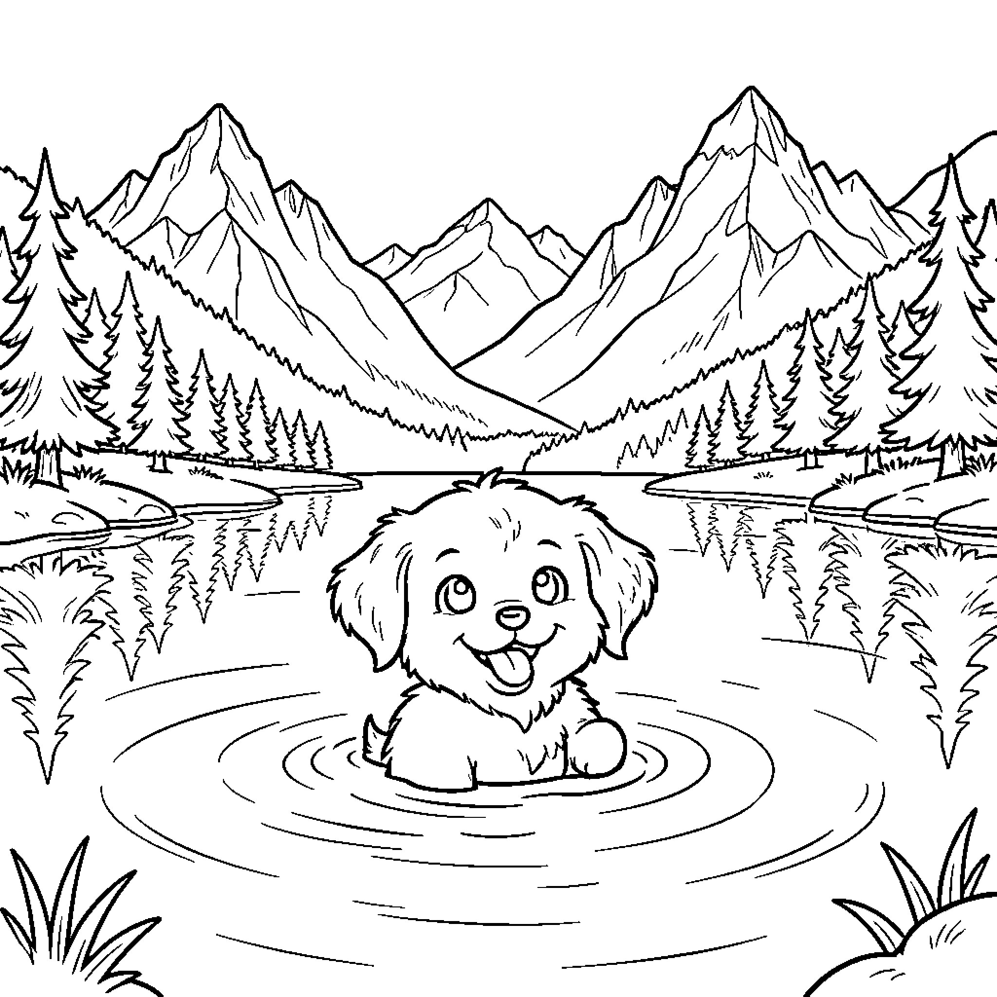Chien splashing joyfully in a mountain lake Coloring Page (free black-and-white line drawing printable PDF for all, from beginners to advanced learners, including children, teens, adults, and seniors)