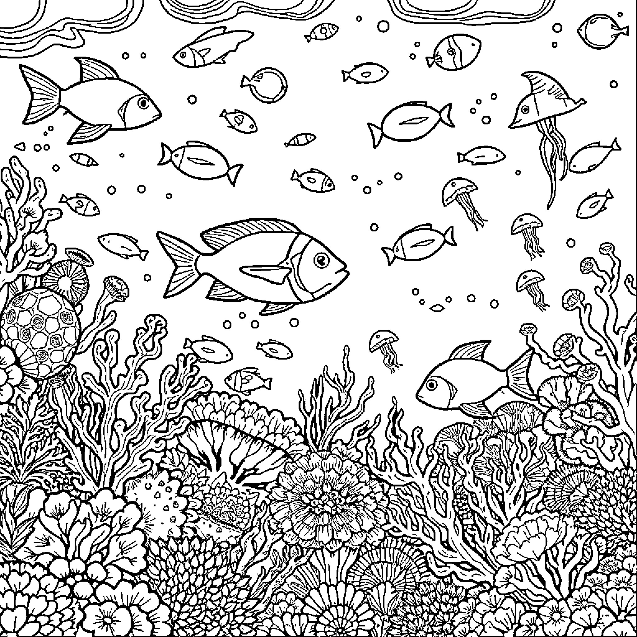 Fish swimming through vibrant underwater scene Coloring Page (free black-and-white line drawing printable PDF for all, from beginners to advanced learners, including children, teens, adults, and seniors)