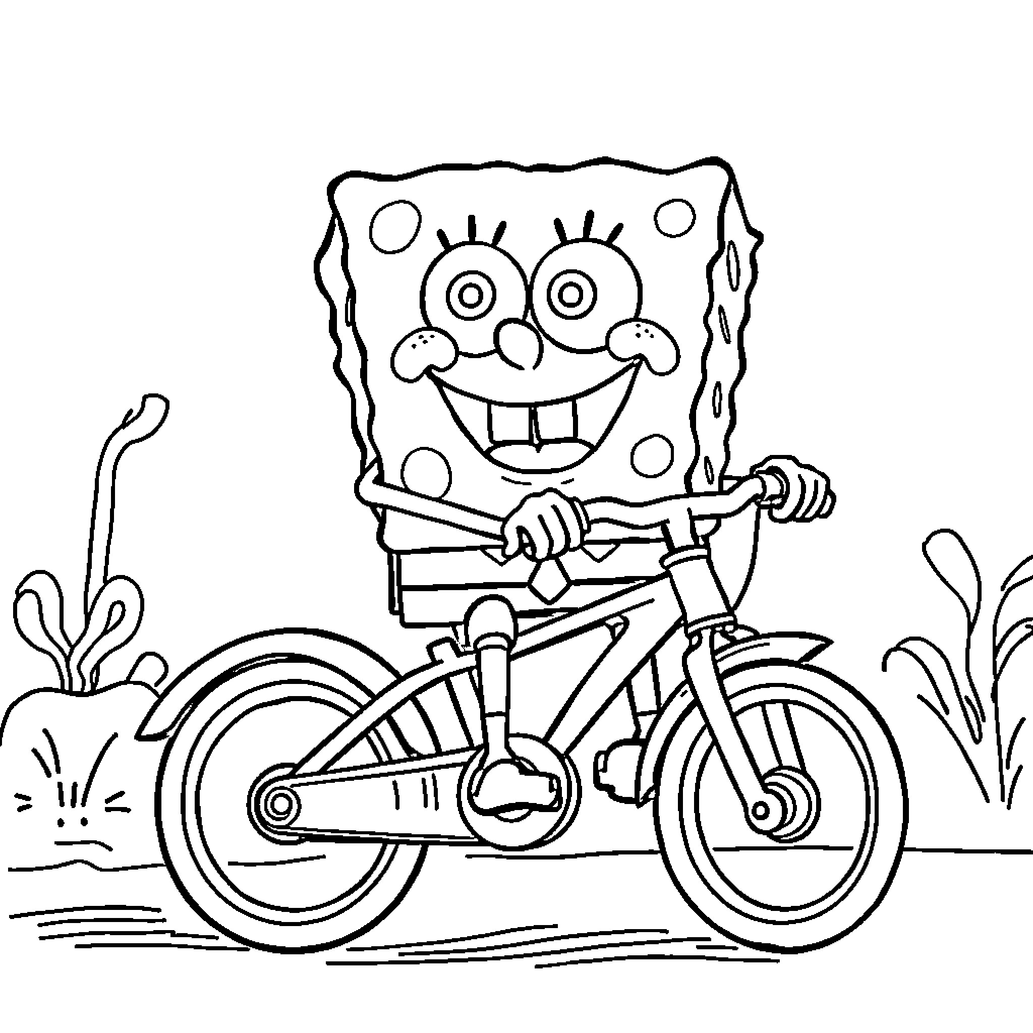 Spongebob riding a bicycle happily Coloring Page (free black-and-white line drawing printable PDF for all, from beginners to advanced learners, including children, teens, adults, and seniors)