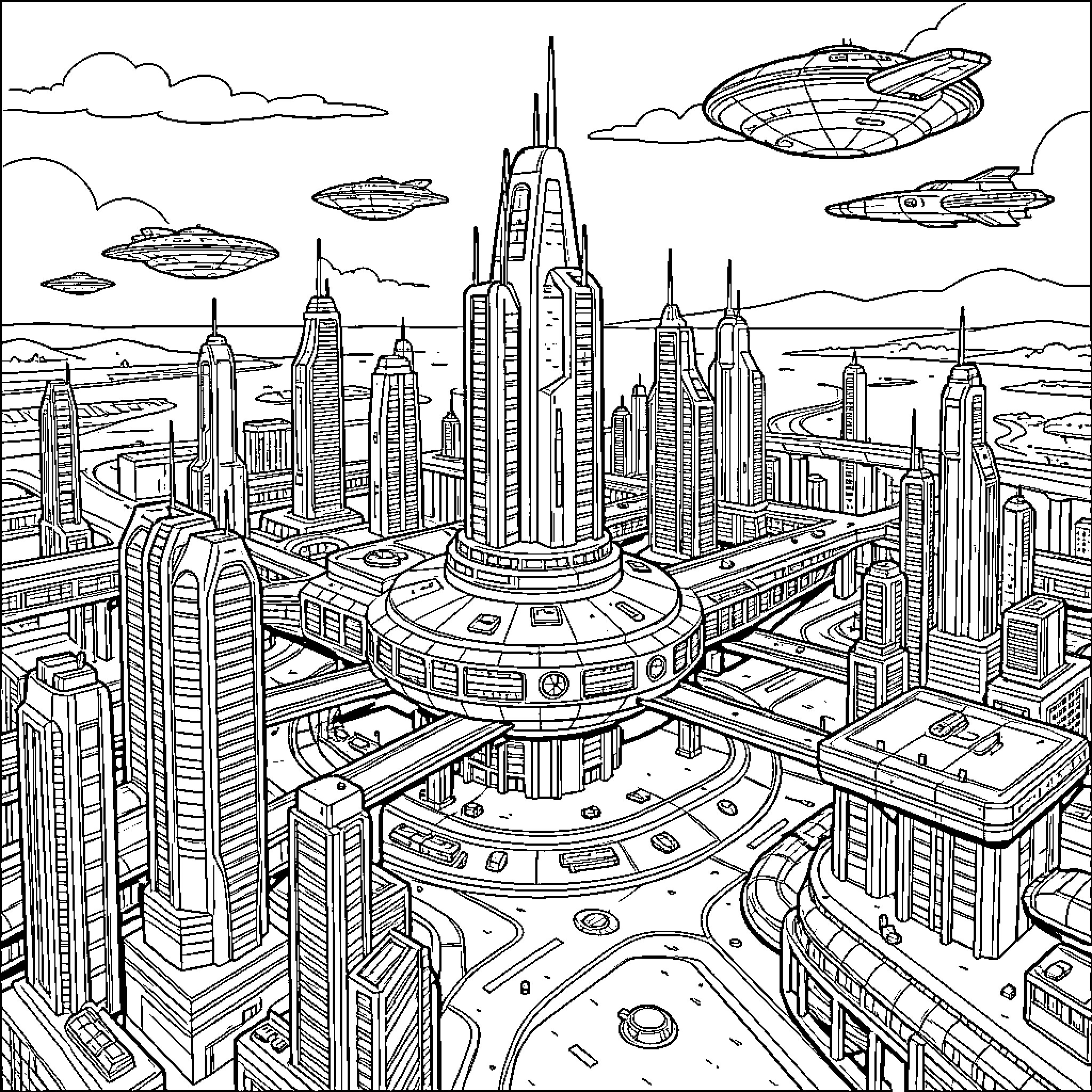 Babylon 5 futuristic city skyline with spacecraft flying overhead Coloring Page (free black-and-white line drawing printable PDF for all, from beginners to advanced learners, including children, teens, adults, and seniors)