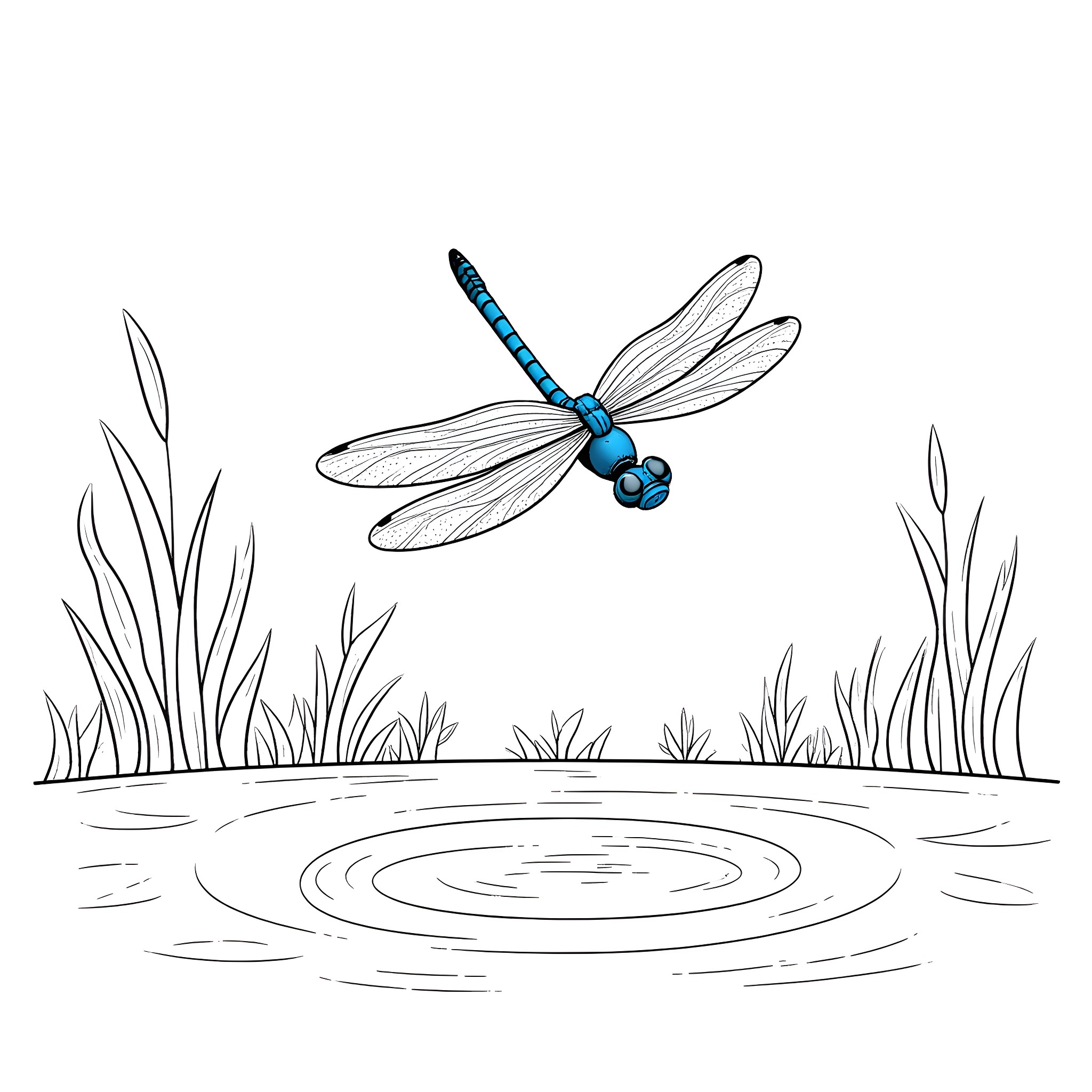 Dragonfly hovering above rippling pond Coloring Page (free black-and-white line drawing printable PDF for all, from beginners to advanced learners, including children, teens, adults, and seniors)