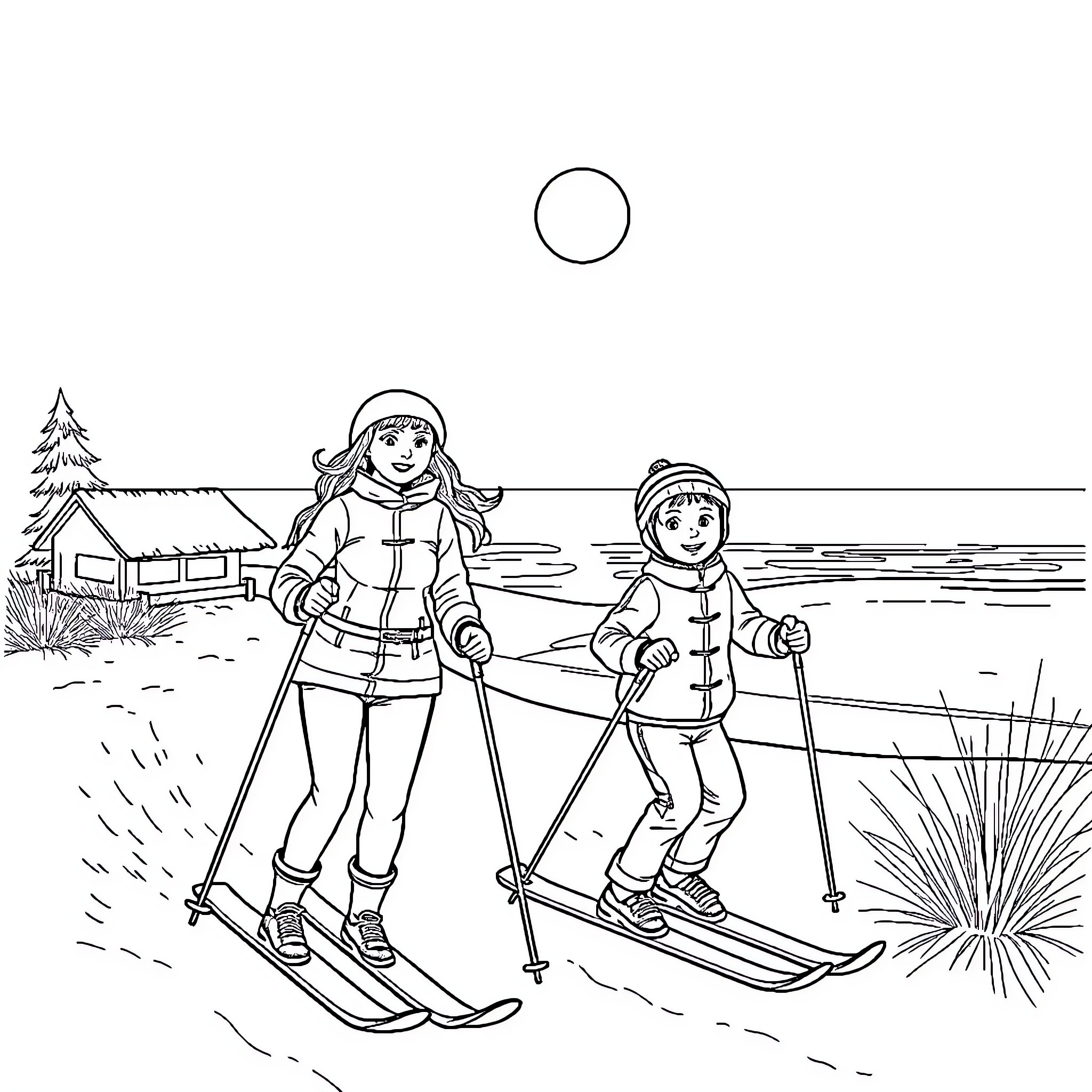 Heidi and friend skiing on a snowy landscape Coloring Page (free black-and-white line drawing printable PDF for all, from beginners to advanced learners, including children, teens, adults, and seniors)