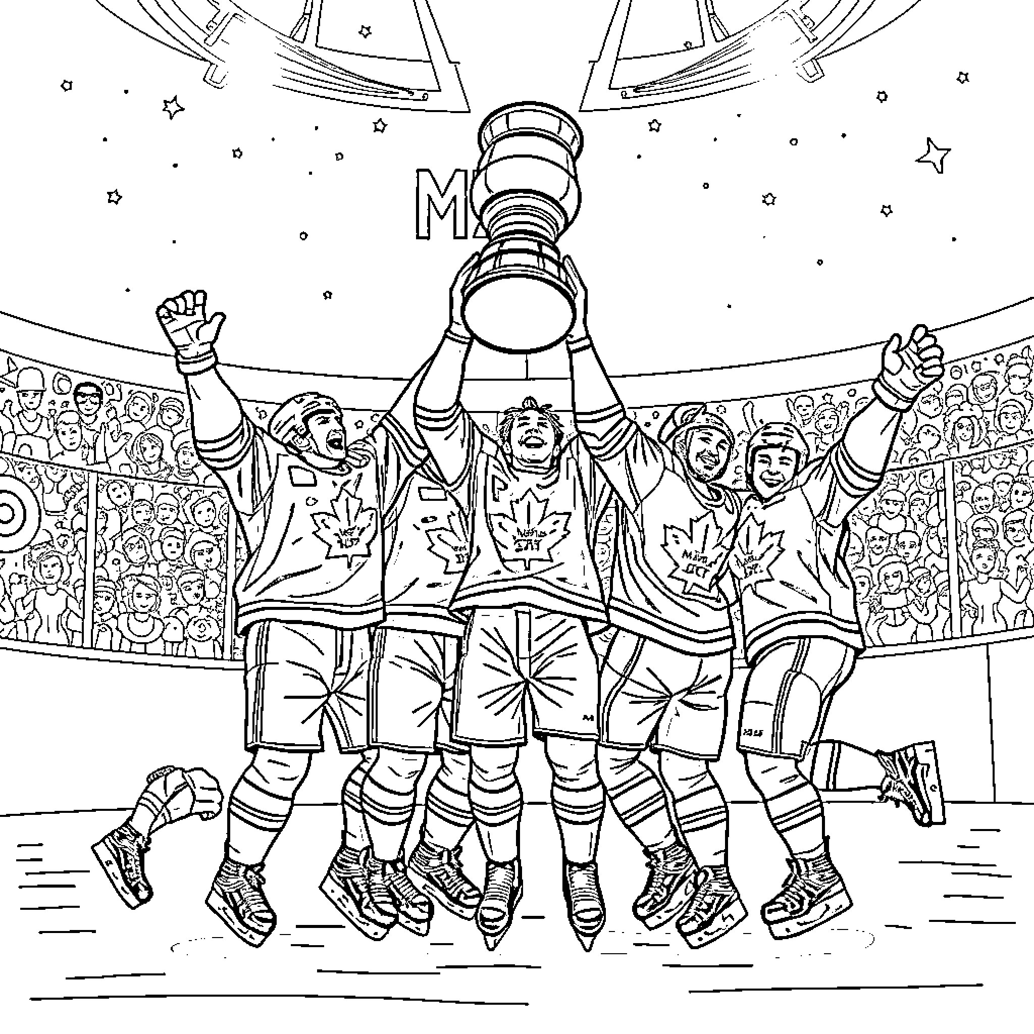 Maple Leaf Hockey Players Celebrating Trophy Coloring Page (free black-and-white line drawing printable PDF for all, from beginners to advanced learners, including children, teens, adults, and seniors)