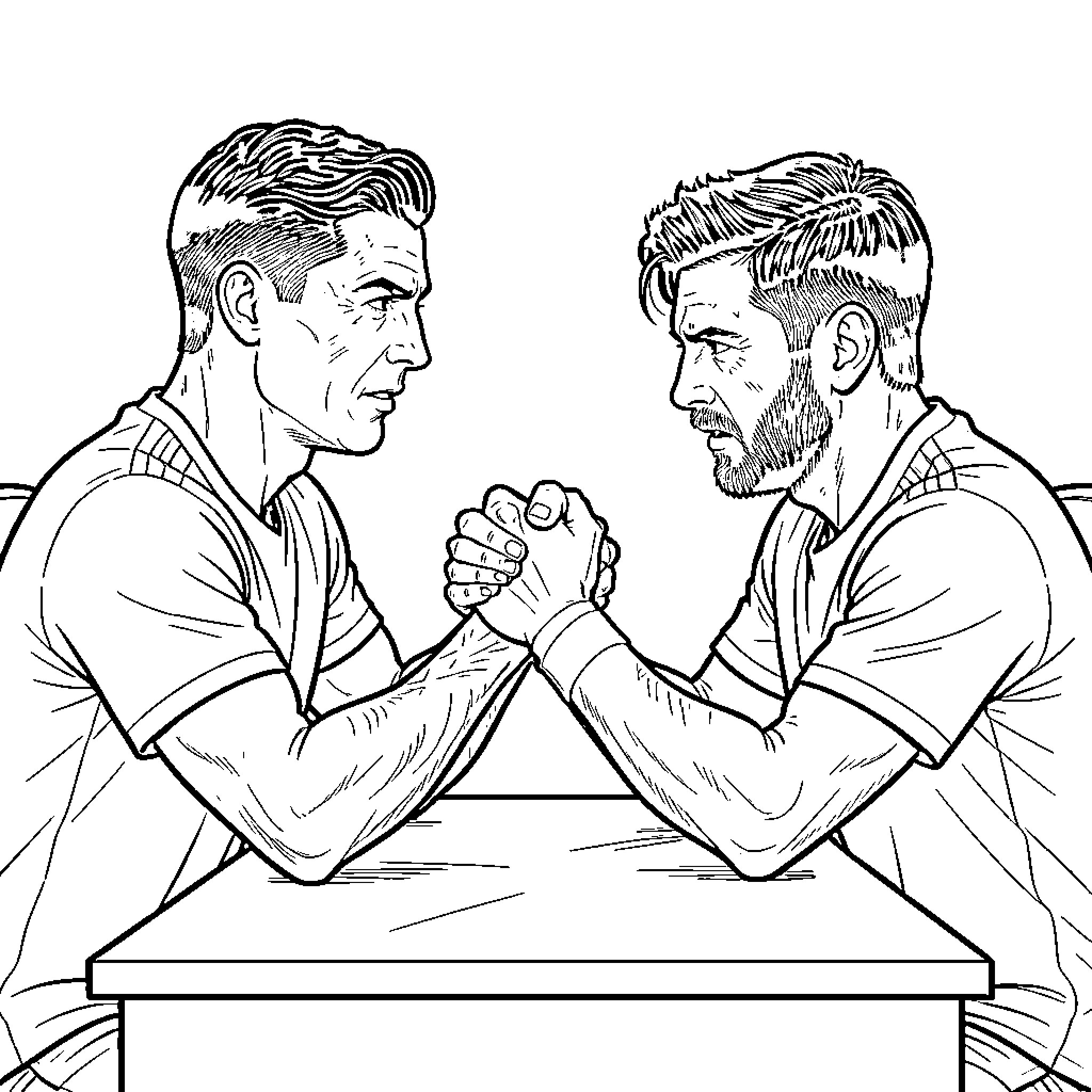 Ronaldo engaged in an intense arm wrestling match Coloring Page (free black-and-white line drawing printable PDF for all, from beginners to advanced learners, including children, teens, adults, and seniors)