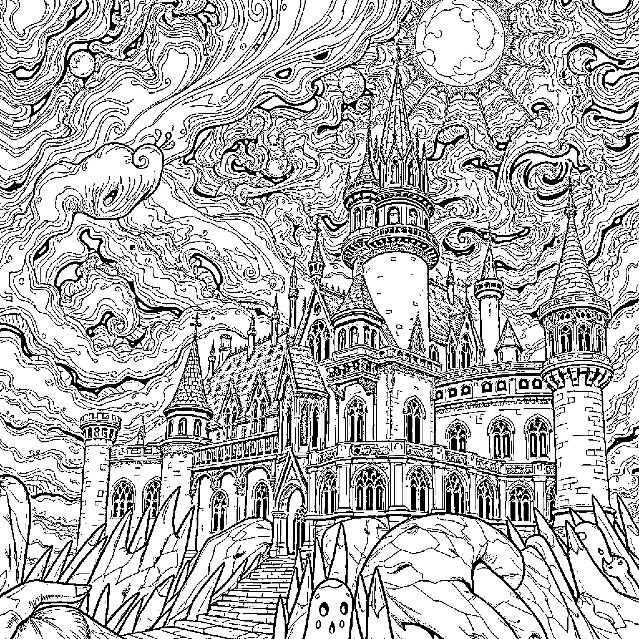 Castle in the Enchanted Realm of Fantasia Coloring Page (free black-and-white line drawing printable PDF for all, from beginners to advanced learners, including children, teens, adults, and seniors)