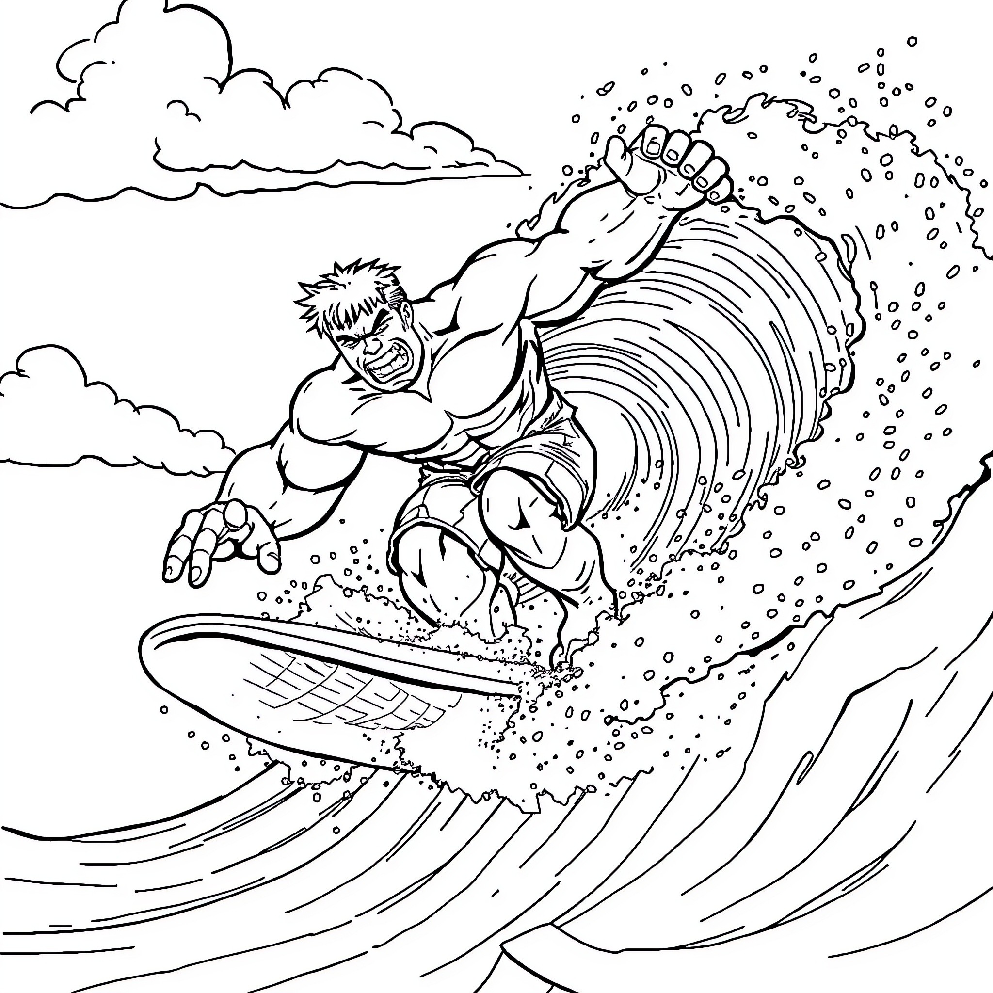 Hulk Surfing Massive Waves with Mighty Power Coloring Page (free black-and-white line drawing printable PDF for all, from beginners to advanced learners, including children, teens, adults, and seniors)