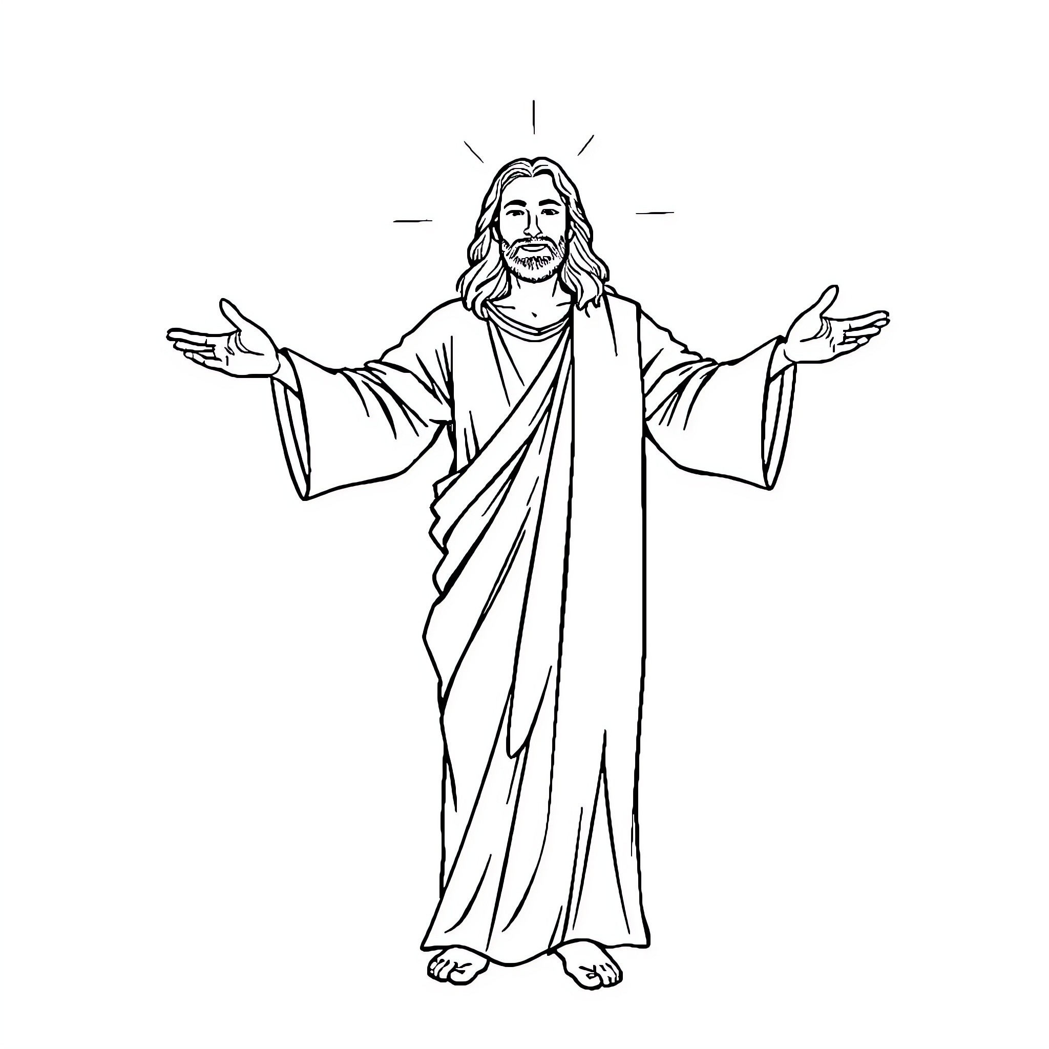 Jesus Christ blessing with outstretched arms Coloring Page (free black-and-white line drawing printable PDF for all, from beginners to advanced learners, including children, teens, adults, and seniors)