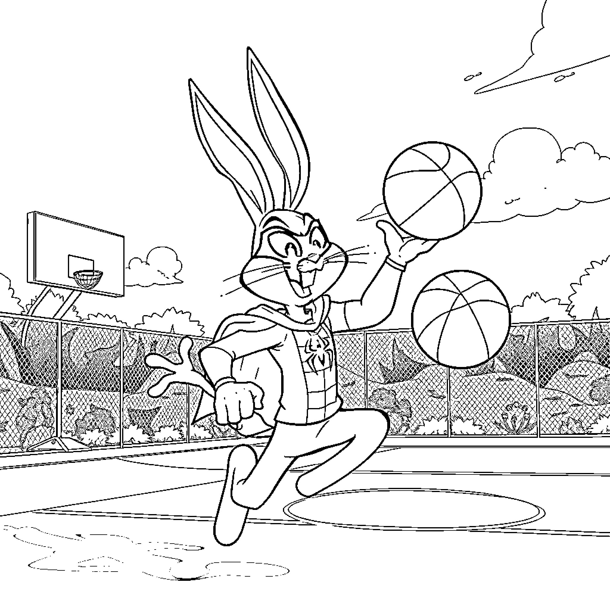 Bugs Bunny playing basketball on a court Coloring Page (free black-and-white line drawing printable PDF for all, from beginners to advanced learners, including children, teens, adults, and seniors)