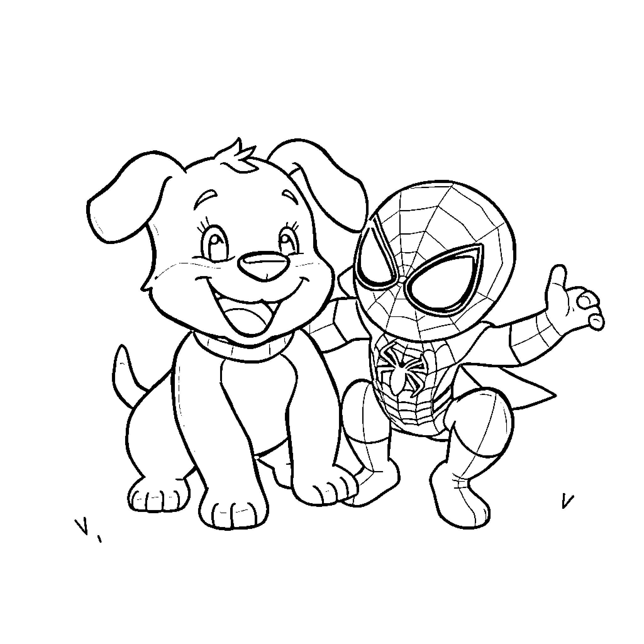 Bluey and Spidey's Playful Adventure Coloring Page (free black-and-white line drawing printable PDF for all, from beginners to advanced learners, including children, teens, adults, and seniors)