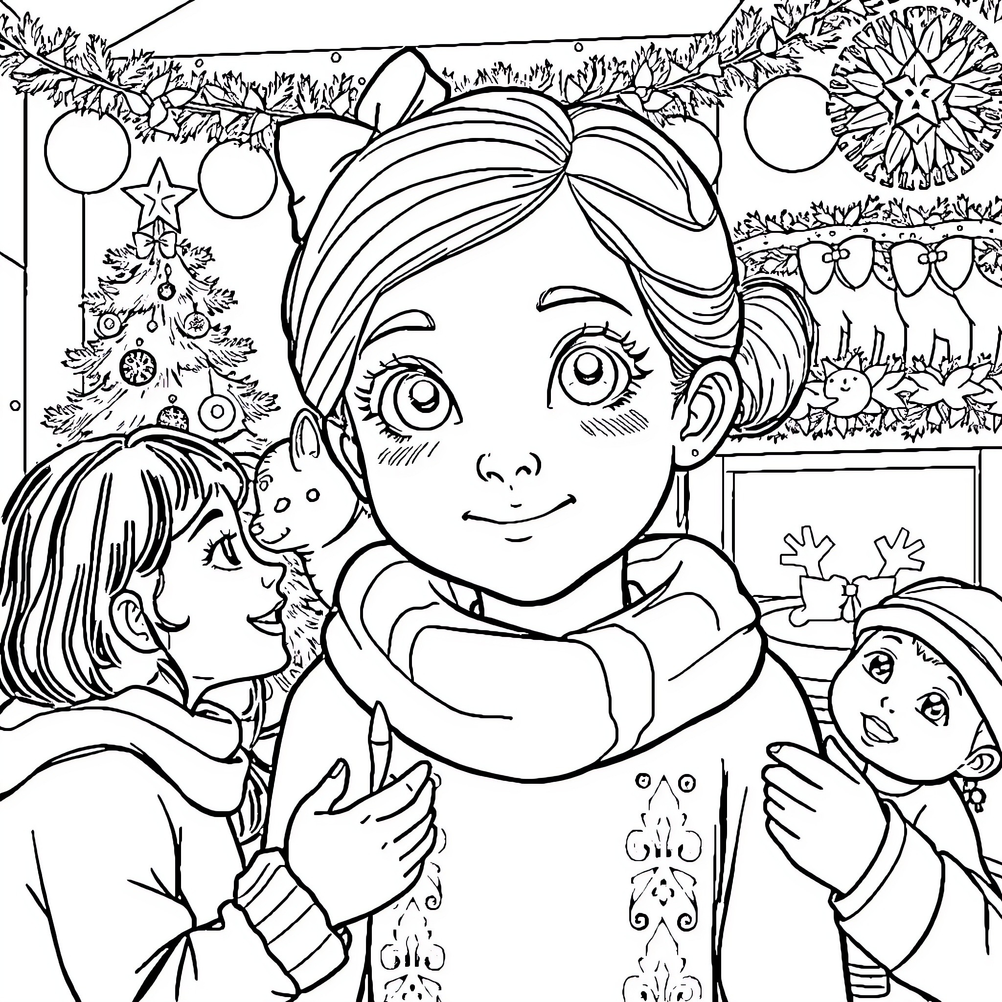 Tara Duncan celebrates the holidays with dolls and decorations Coloring Page (free black-and-white line drawing printable PDF for all, from beginners to advanced learners, including children, teens, adults, and seniors)