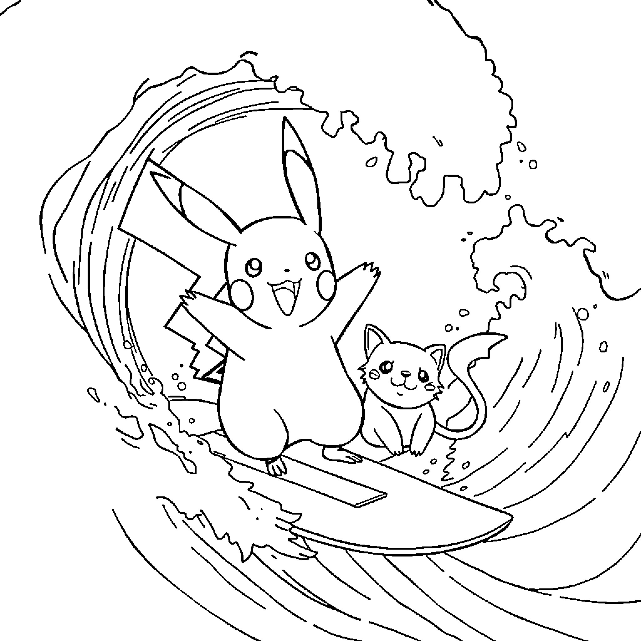 Pikachu and Meowth Surfing the Waves Coloring Page (free black-and-white line drawing printable PDF for all, from beginners to advanced learners, including children, teens, adults, and seniors)