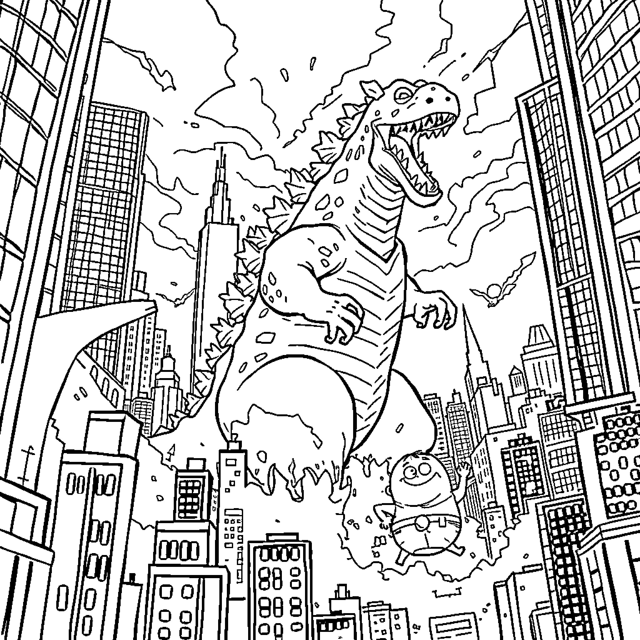 Captain Underpants Stomps Through the City Coloring Page (free black-and-white line drawing printable PDF for all, from beginners to advanced learners, including children, teens, adults, and seniors)