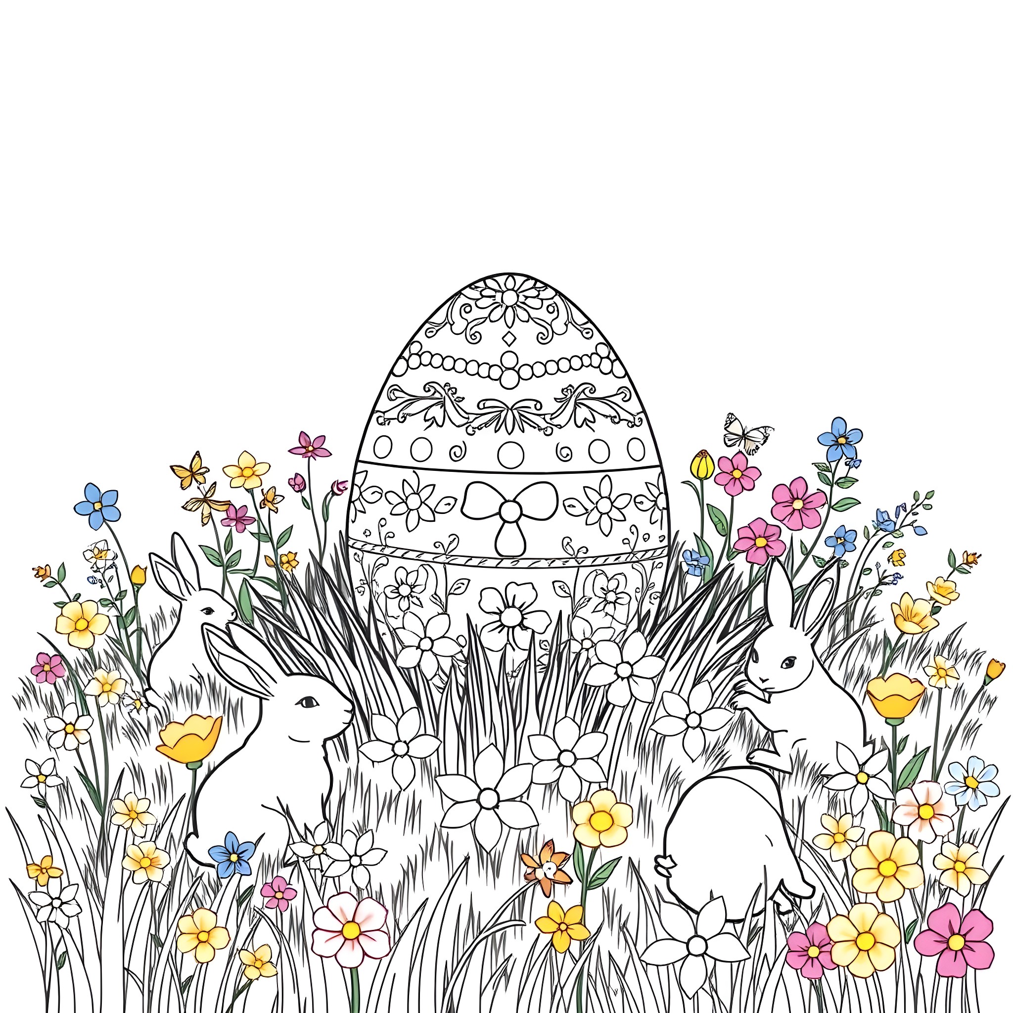 Easter Egg Hunt with Playful Bunnies and Vibrant Flowers Coloring Page (free black-and-white line drawing printable PDF for all, from beginners to advanced learners, including children, teens, adults, and seniors)