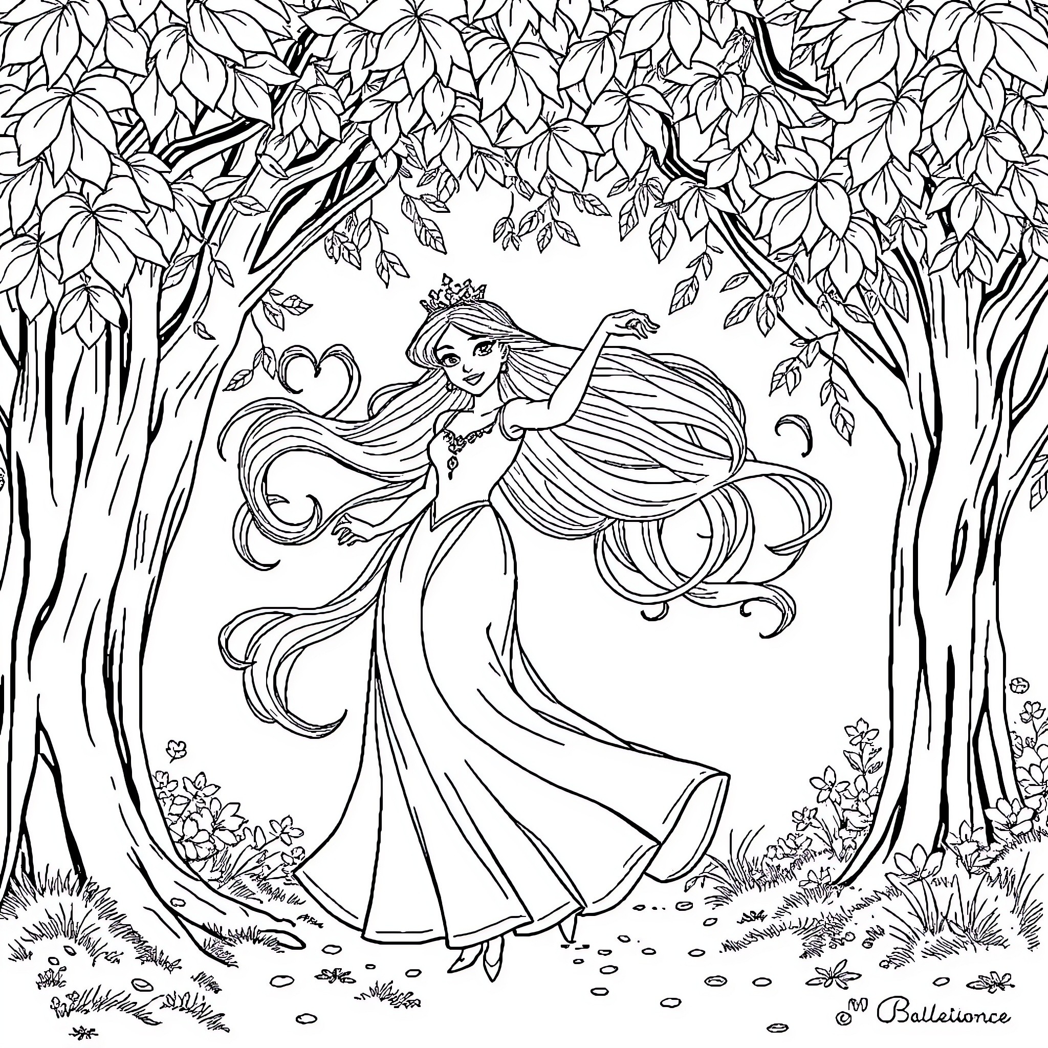 Rapunzel's Enchanted Forest Stroll Coloring Page (free black-and-white line drawing printable PDF for all, from beginners to advanced learners, including children, teens, adults, and seniors)