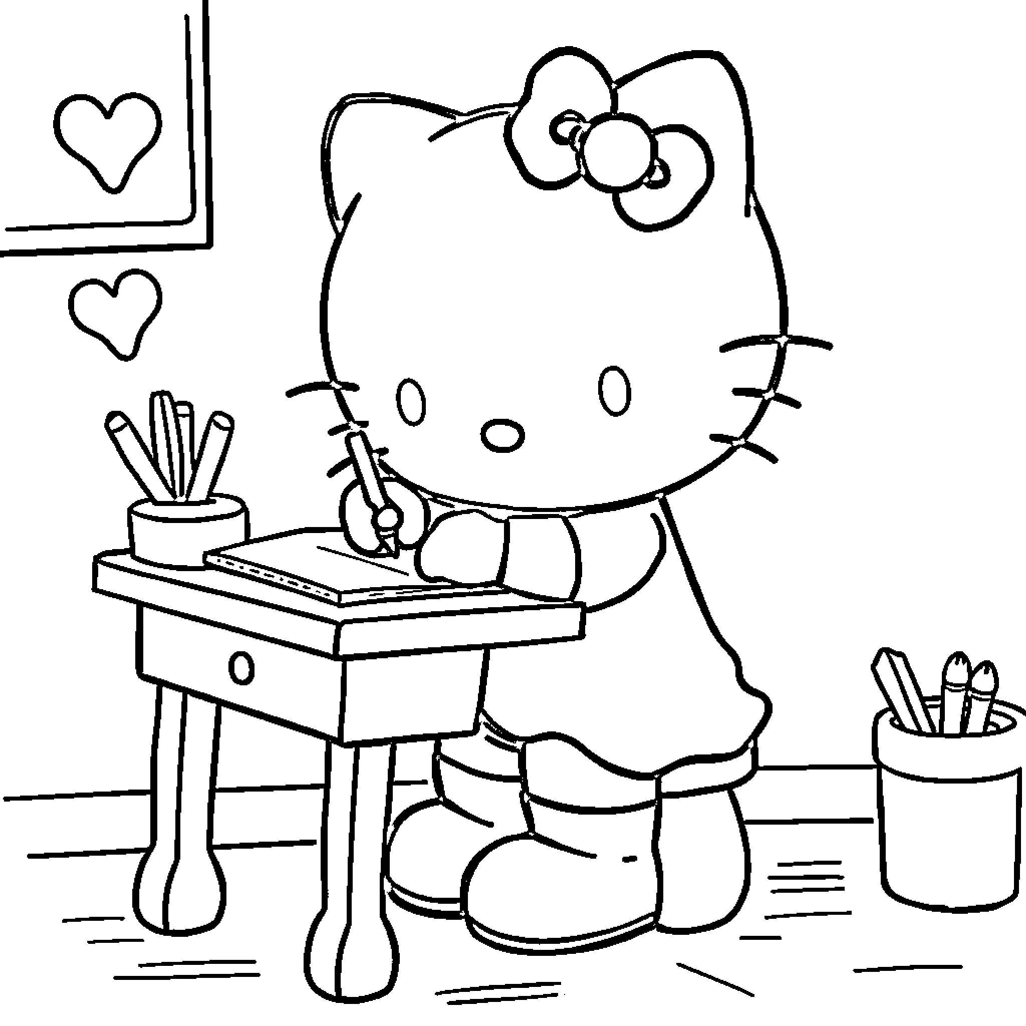 Hello Kitty typing at a desk Coloring Page (free black-and-white line drawing printable PDF for all, from beginners to advanced learners, including children, teens, adults, and seniors)