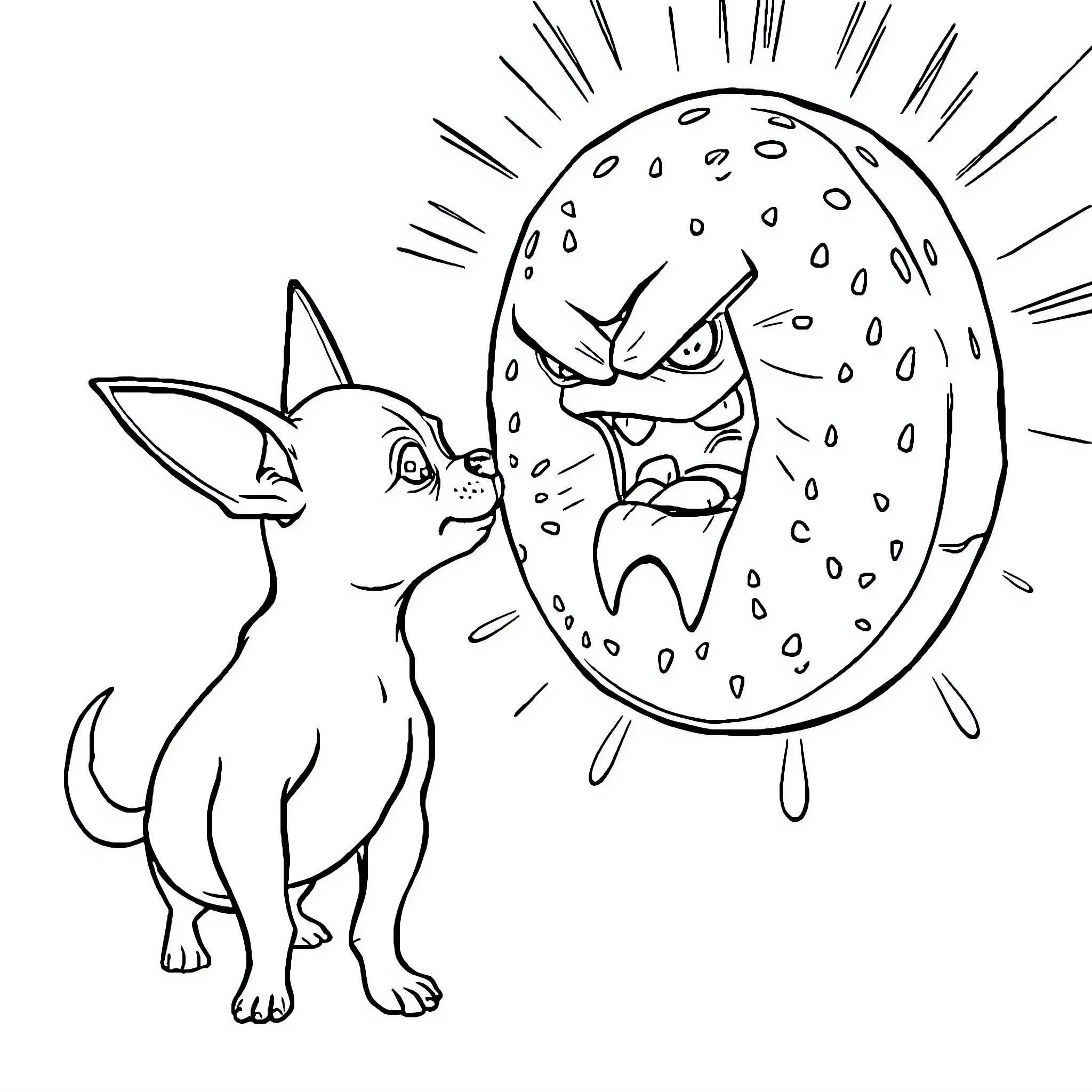 Chihuahua facing off with a menacing egg Coloring Page (free black-and-white line drawing printable PDF for all, from beginners to advanced learners, including children, teens, adults, and seniors)