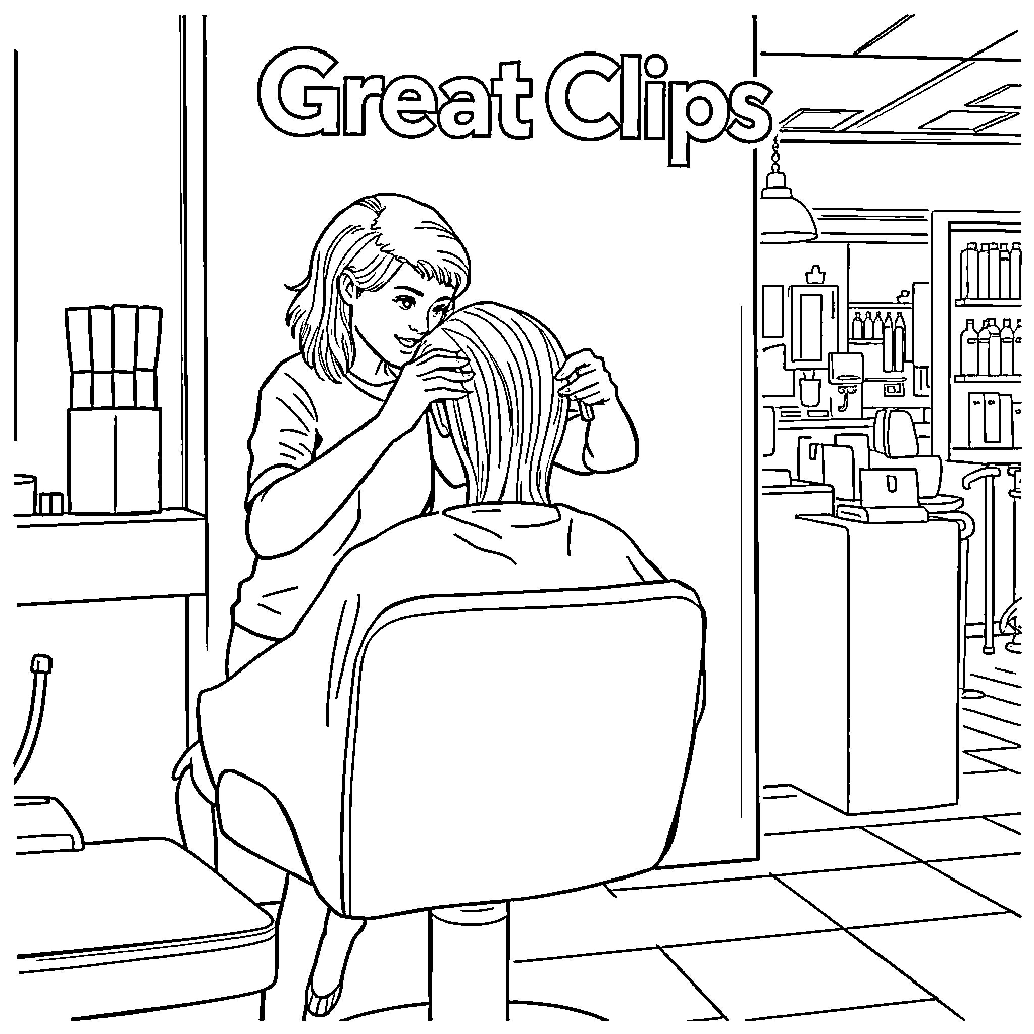 Haircut at the local salon Coloring Page (free black-and-white line drawing printable PDF for all, from beginners to advanced learners, including children, teens, adults, and seniors)