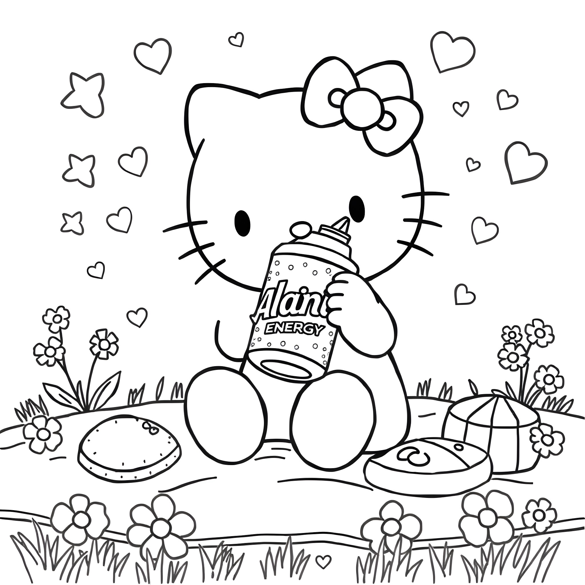 Hello Kitty sitting with energy drink in a flowery meadow Coloring Page (free black-and-white line drawing printable PDF for all, from beginners to advanced learners, including children, teens, adults, and seniors)