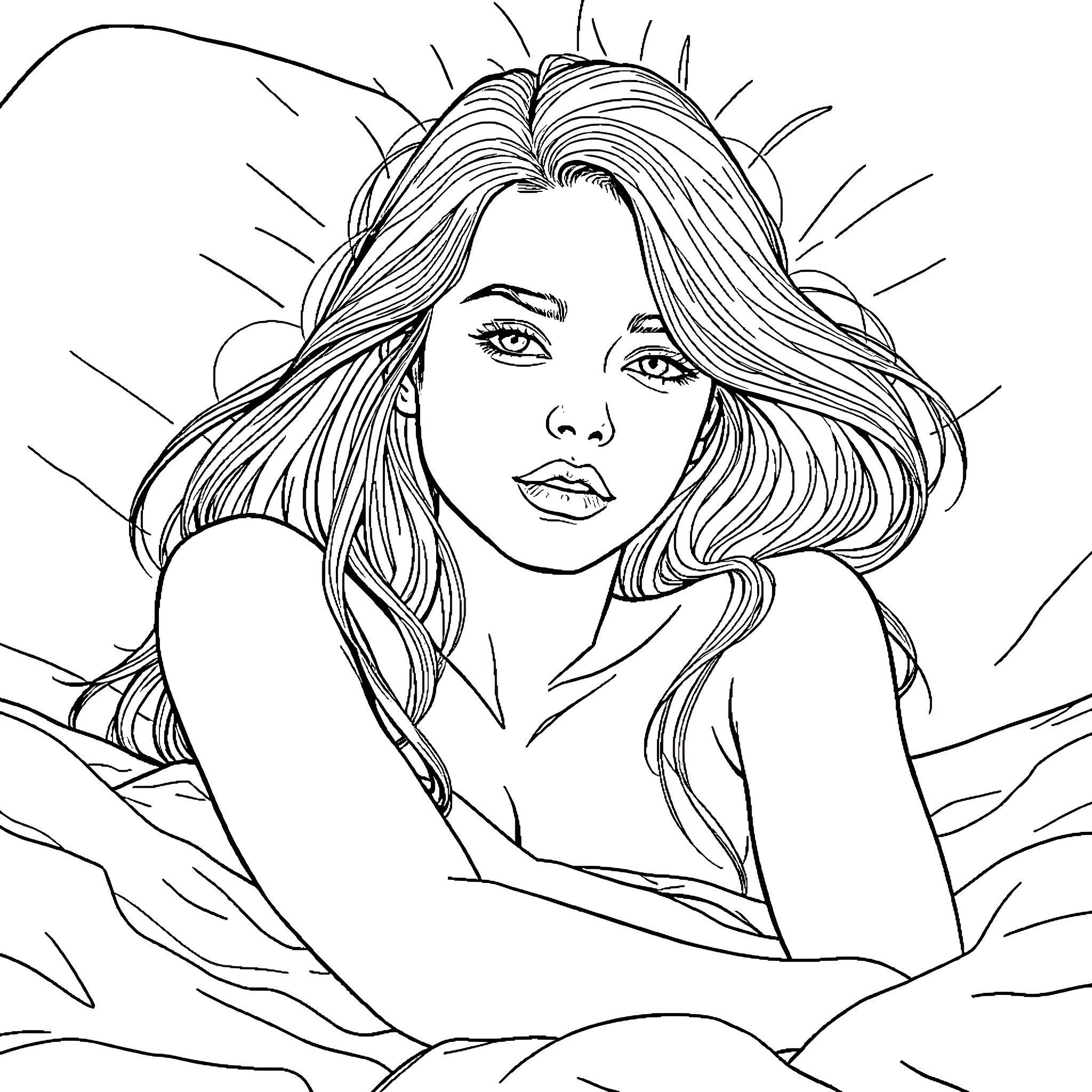 Teenage Female with Expressive Eyes Coloring Page (free black-and-white line drawing printable PDF for all, from beginners to advanced learners, including children, teens, adults, and seniors)