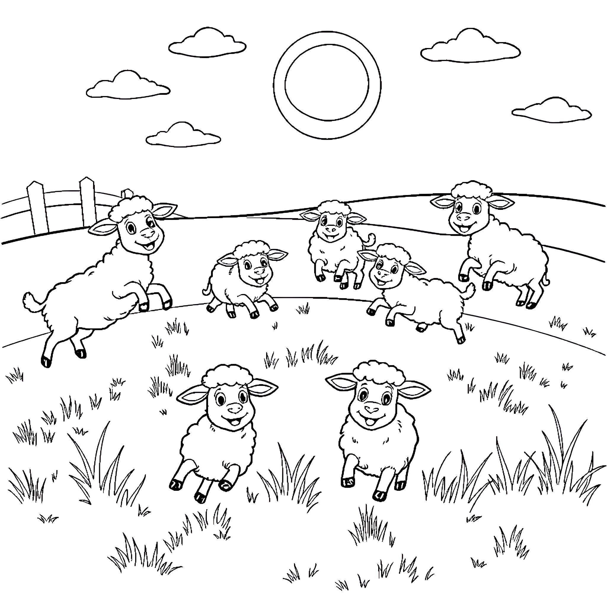 Sheep frolicking in a pastoral scene Coloring Page (free black-and-white line drawing printable PDF for all, from beginners to advanced learners, including children, teens, adults, and seniors)
