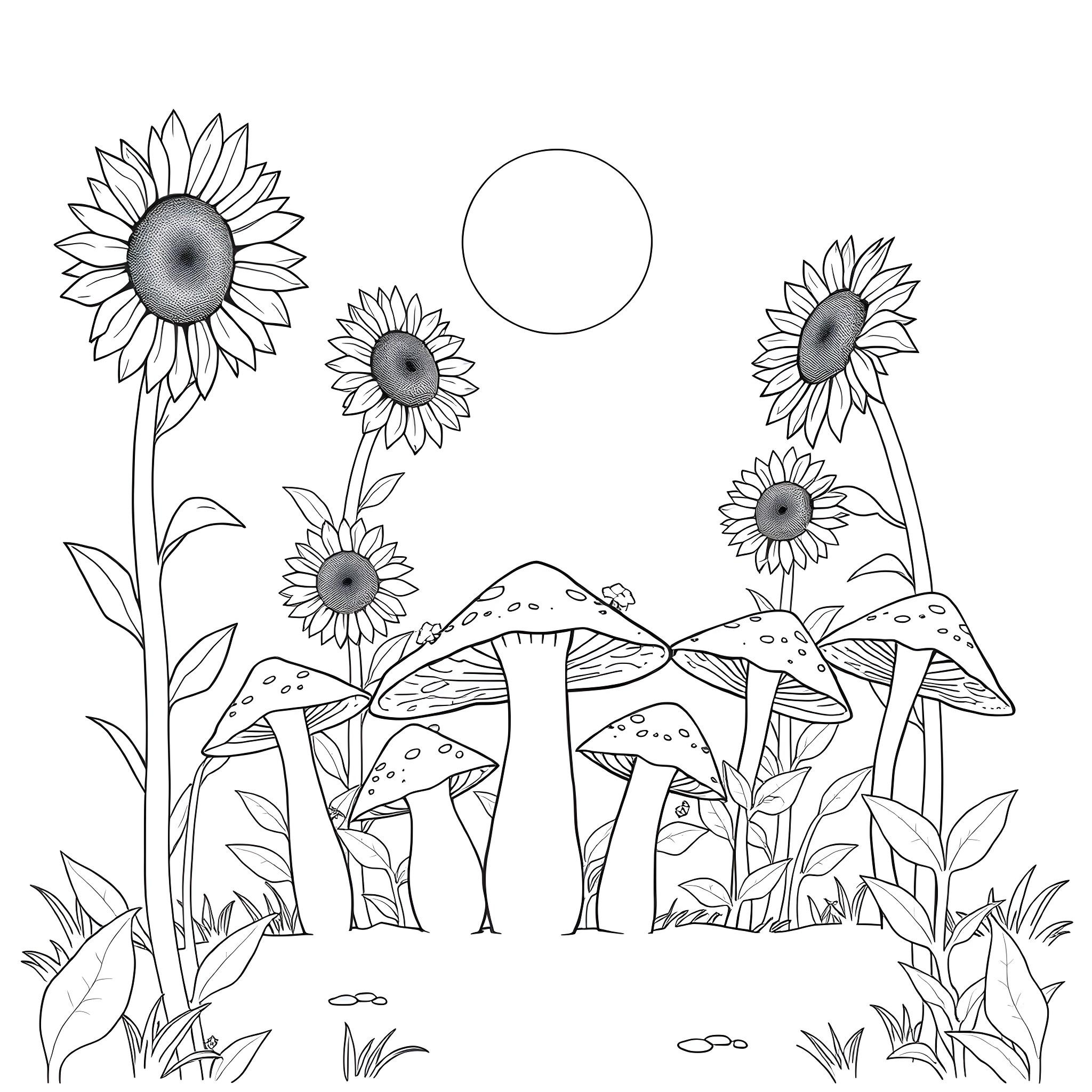 Mushroom forest with blooming sunflowers Coloring Page (free black-and-white line drawing printable PDF for all, from beginners to advanced learners, including children, teens, adults, and seniors)