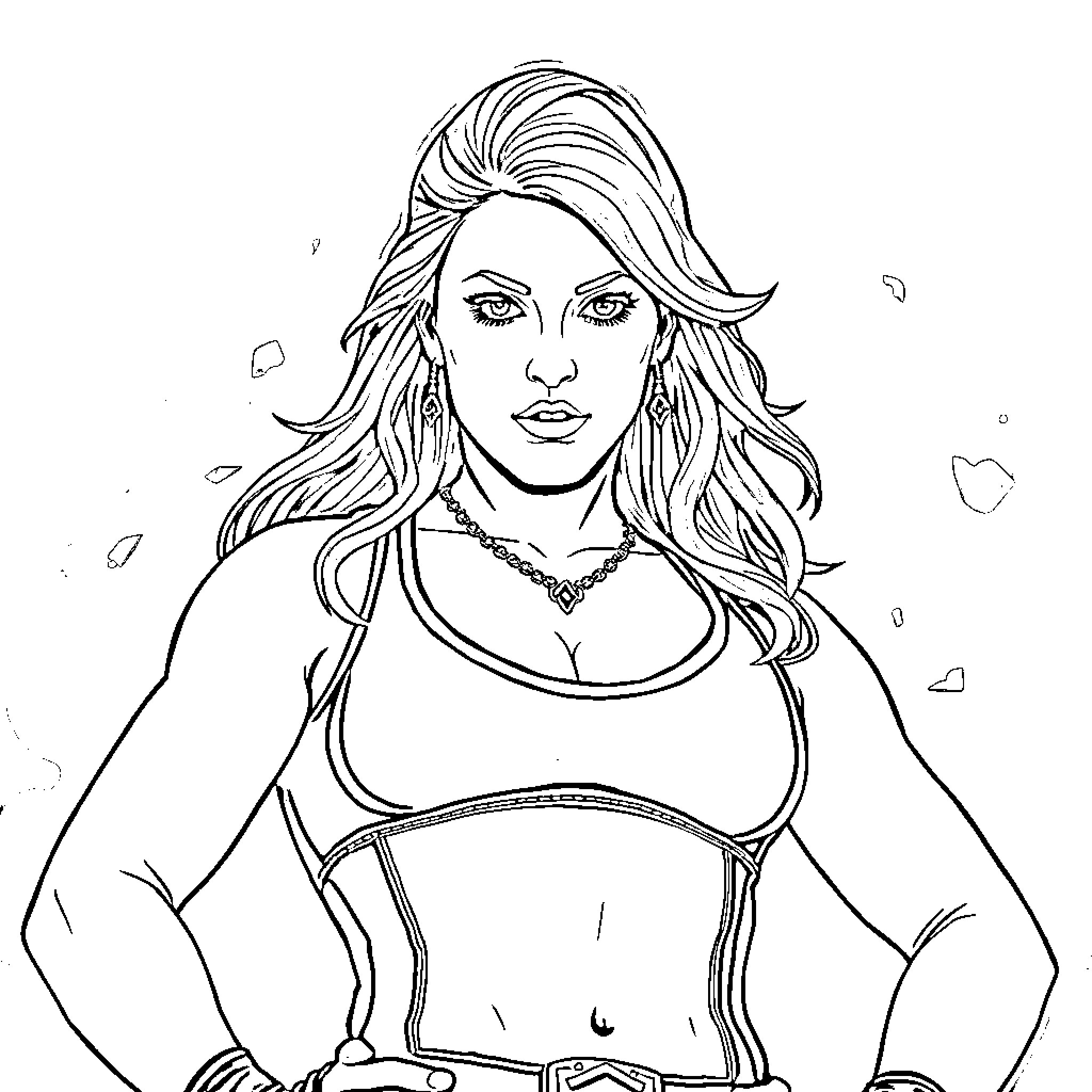 Becky Lynch in a Determined Pose Coloring Page (free black-and-white line drawing printable PDF for all, from beginners to advanced learners, including children, teens, adults, and seniors)