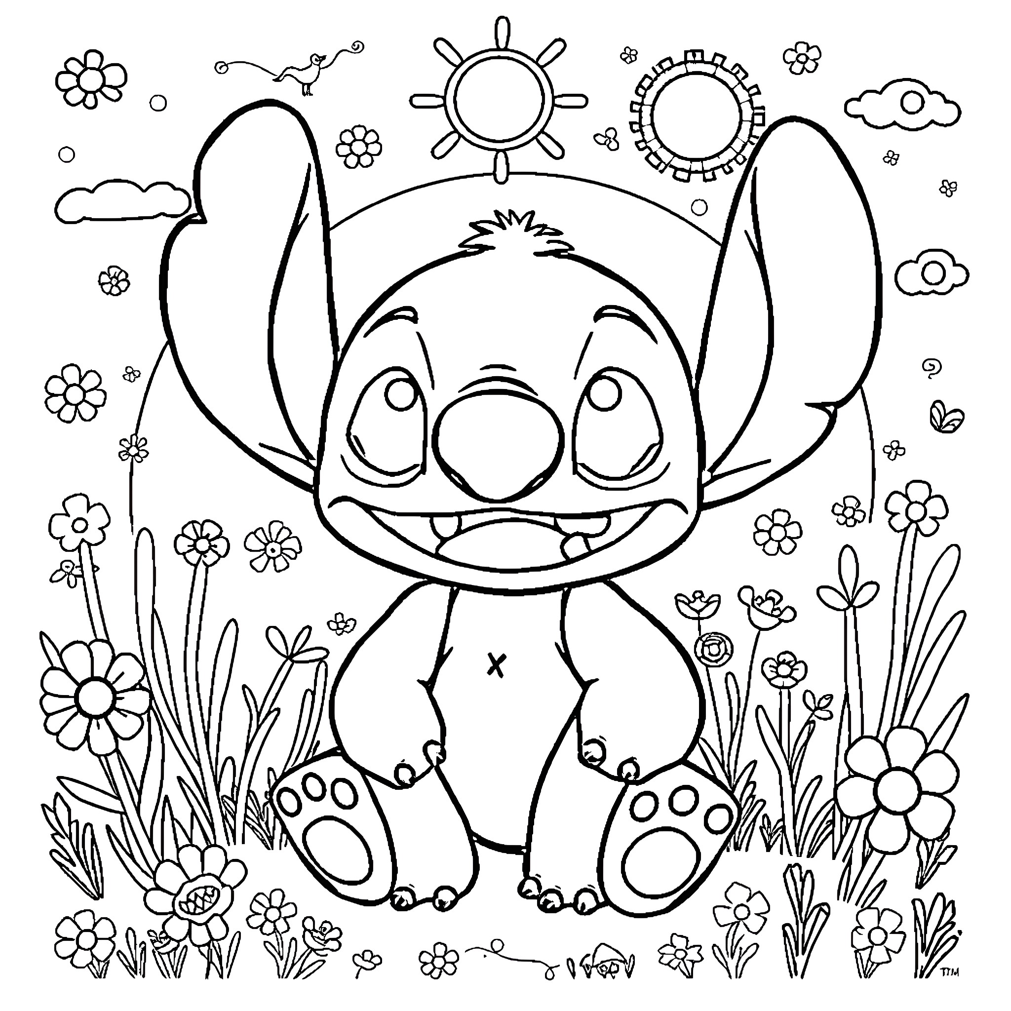 Stitch enjoying the sunny meadow with flowers Coloring Page (free black-and-white line drawing printable PDF for all, from beginners to advanced learners, including children, teens, adults, and seniors)