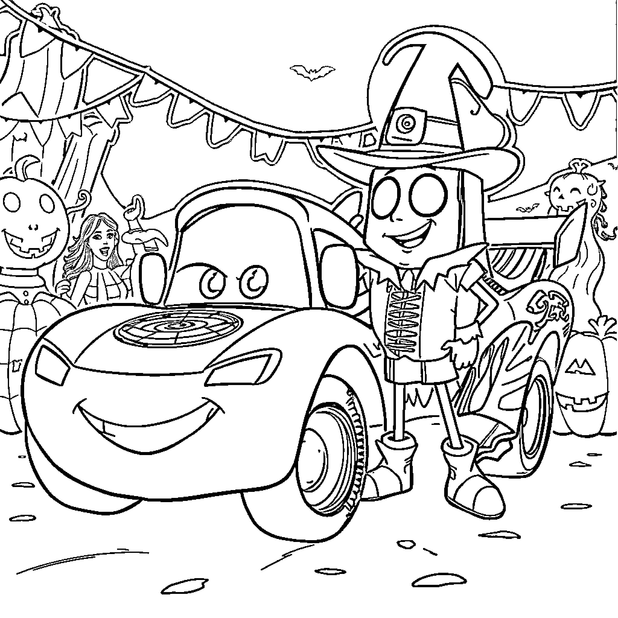 Rayo McQueen celebrates Halloween with spooky friends Coloring Page (free black-and-white line drawing printable PDF for all, from beginners to advanced learners, including children, teens, adults, and seniors)