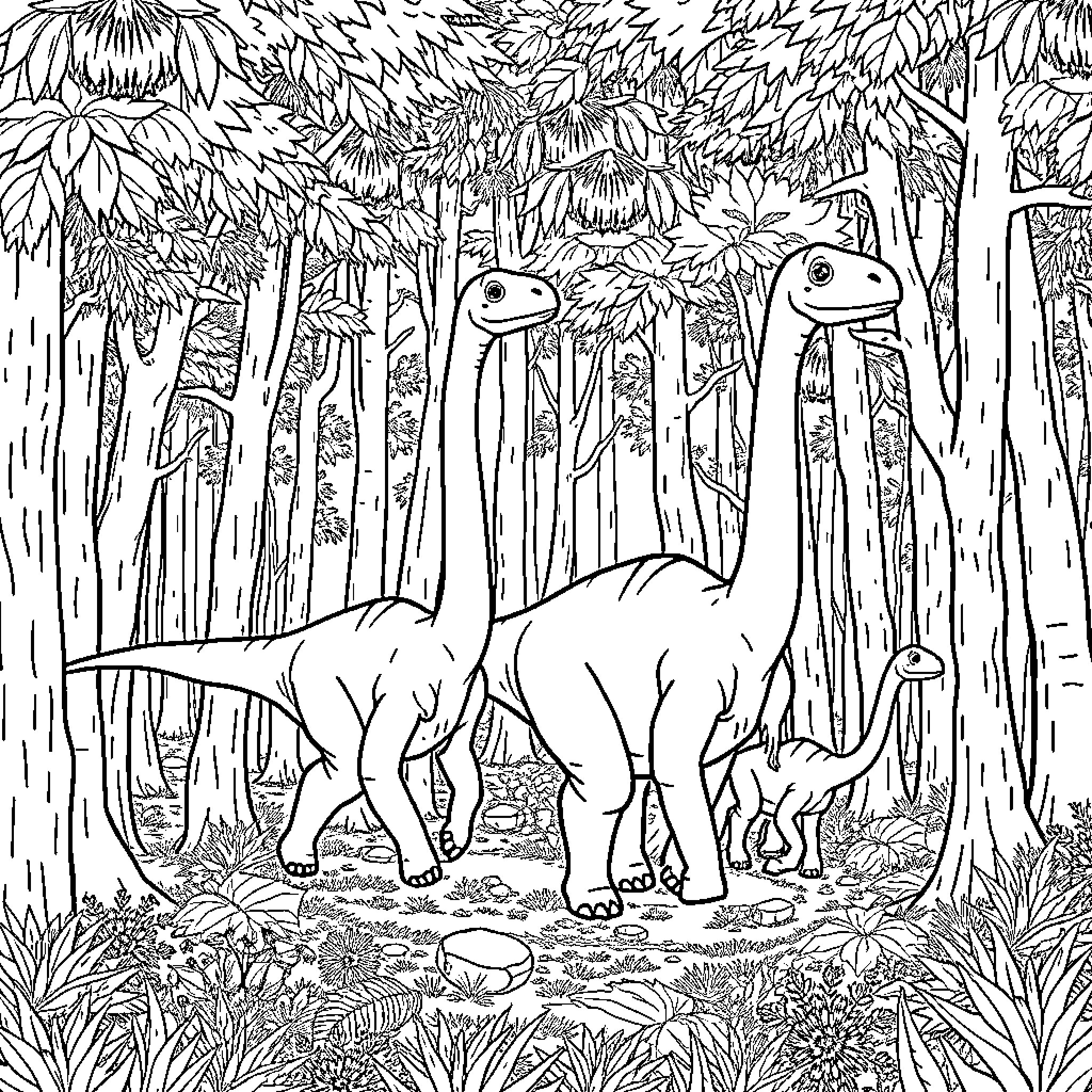 Brachiosaurus exploring lush prehistoric forest Coloring Page (free black-and-white line drawing printable PDF for all, from beginners to advanced learners, including children, teens, adults, and seniors)