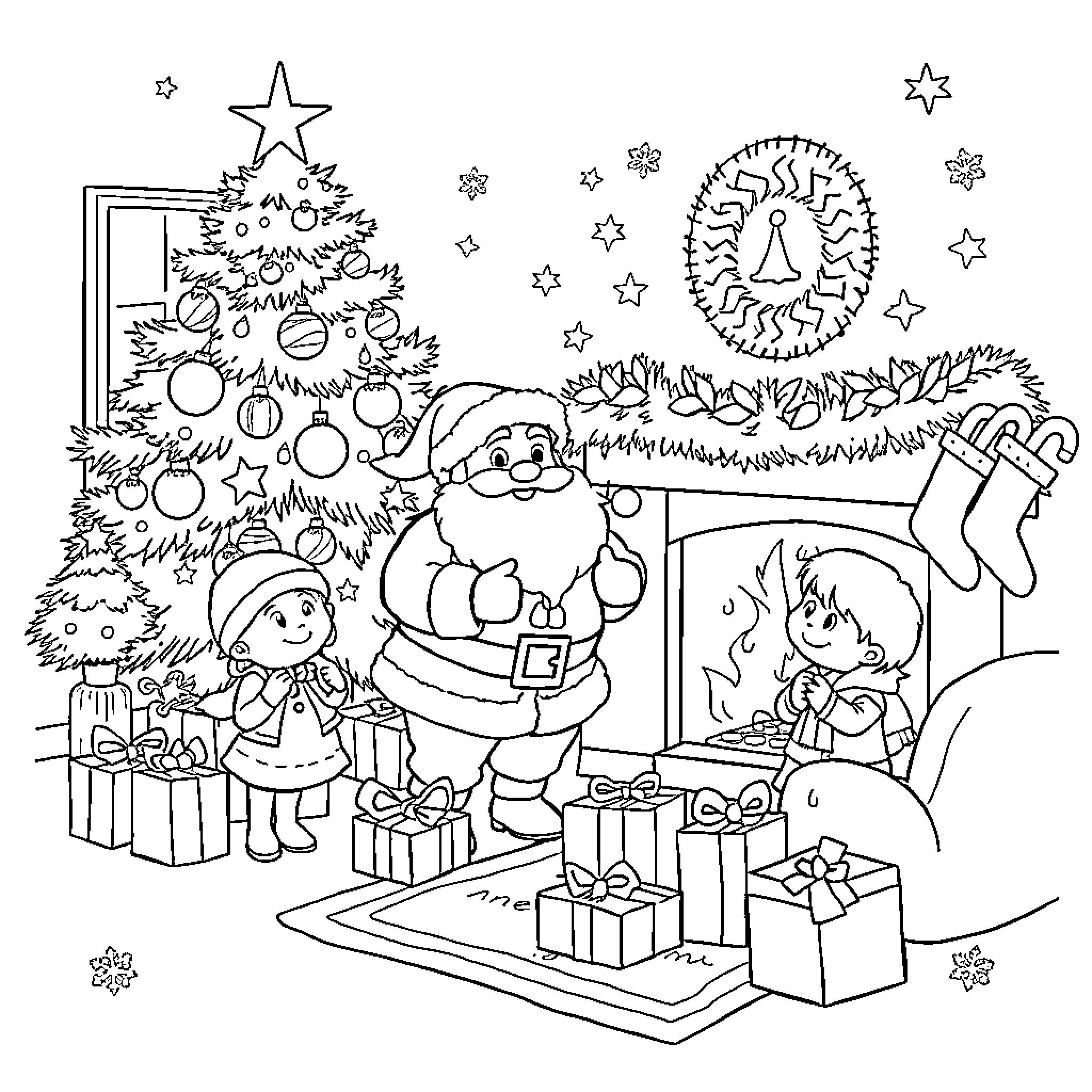 Santa Claus Spreading Christmas Cheer with Children Coloring Page (free black-and-white line drawing printable PDF for all, from beginners to advanced learners, including children, teens, adults, and seniors)
