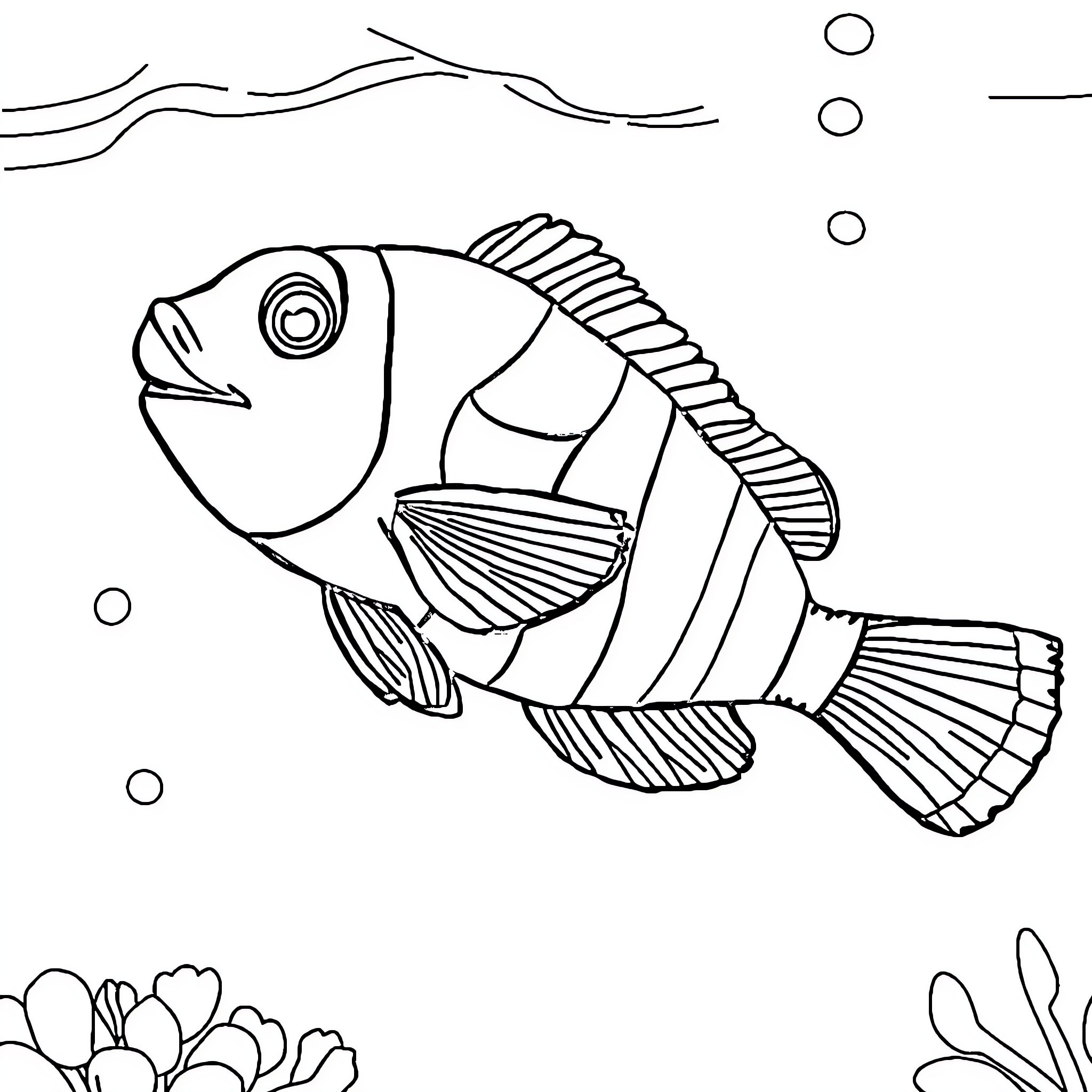 Clownfish swimming playfully in the ocean Coloring Page (free black-and-white line drawing printable PDF for all, from beginners to advanced learners, including children, teens, adults, and seniors)