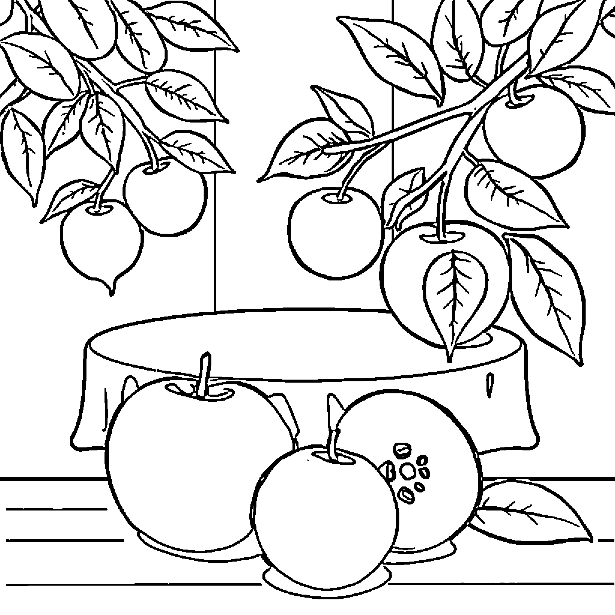 Apple Tree with Ripe Fruit on Table Coloring Page (free black-and-white line drawing printable PDF for all, from beginners to advanced learners, including children, teens, adults, and seniors)