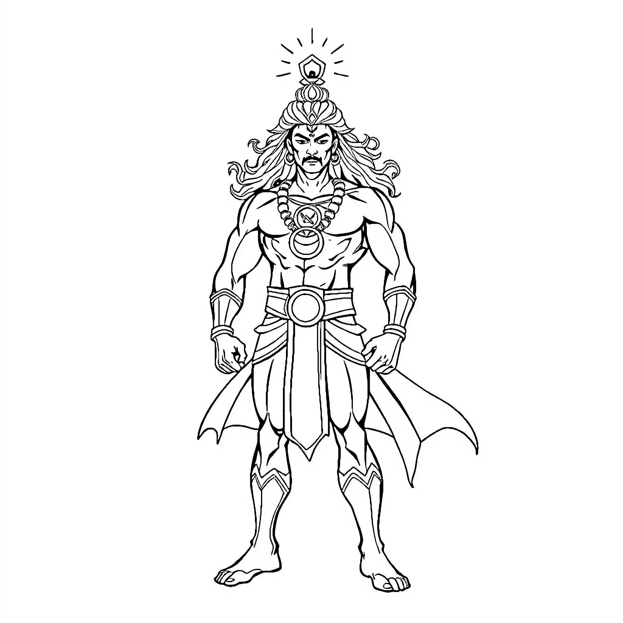 Om Powerful Deity in Heroic Pose Coloring Page (free black-and-white line drawing printable PDF for all, from beginners to advanced learners, including children, teens, adults, and seniors)