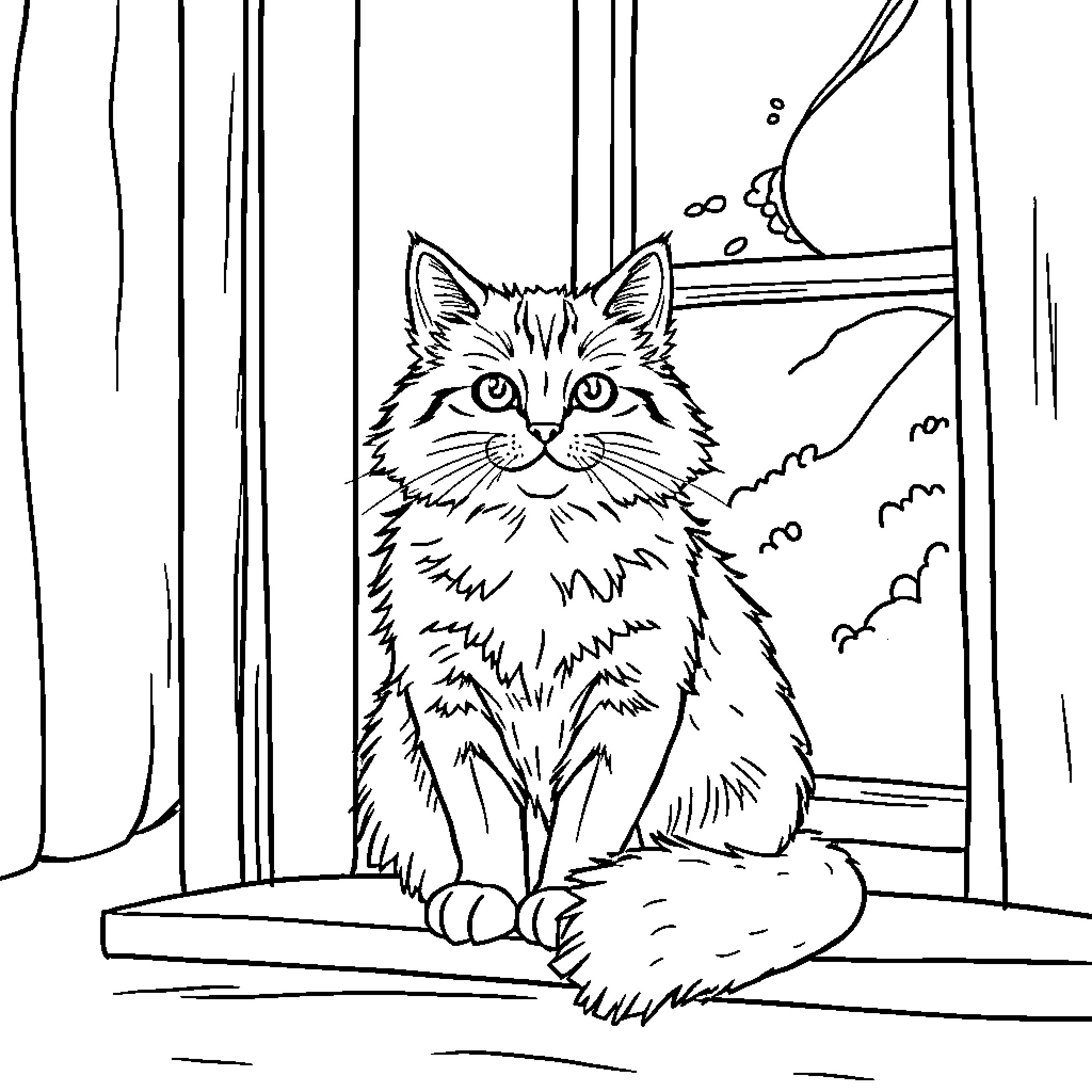 Cat sitting peacefully by the window Coloring Page (free black-and-white line drawing printable PDF for all, from beginners to advanced learners, including children, teens, adults, and seniors)