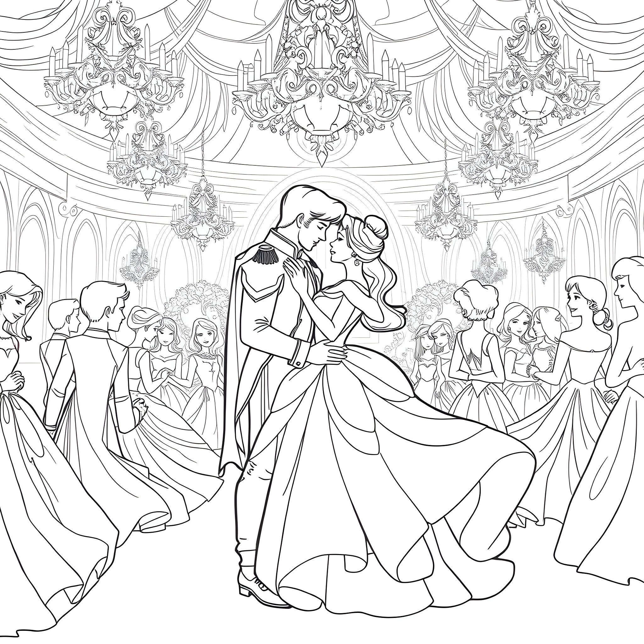 Cinderella and Prince Charming dancing at the royal ball Coloring Page (free black-and-white line drawing printable PDF for all, from beginners to advanced learners, including children, teens, adults, and seniors)