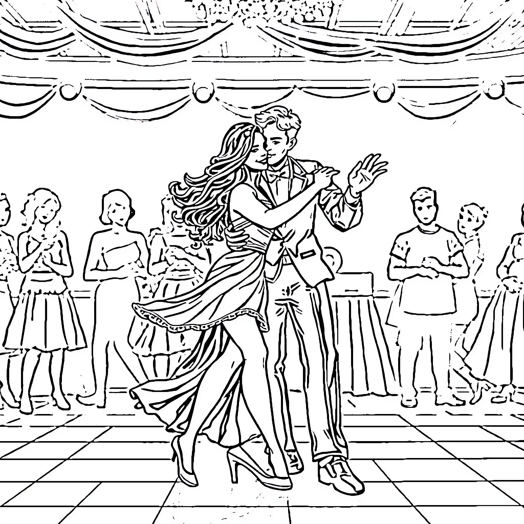 Candy Couple Dancing Joyfully at the Ball Coloring Page (free black-and-white line drawing printable PDF for all, from beginners to advanced learners, including children, teens, adults, and seniors)