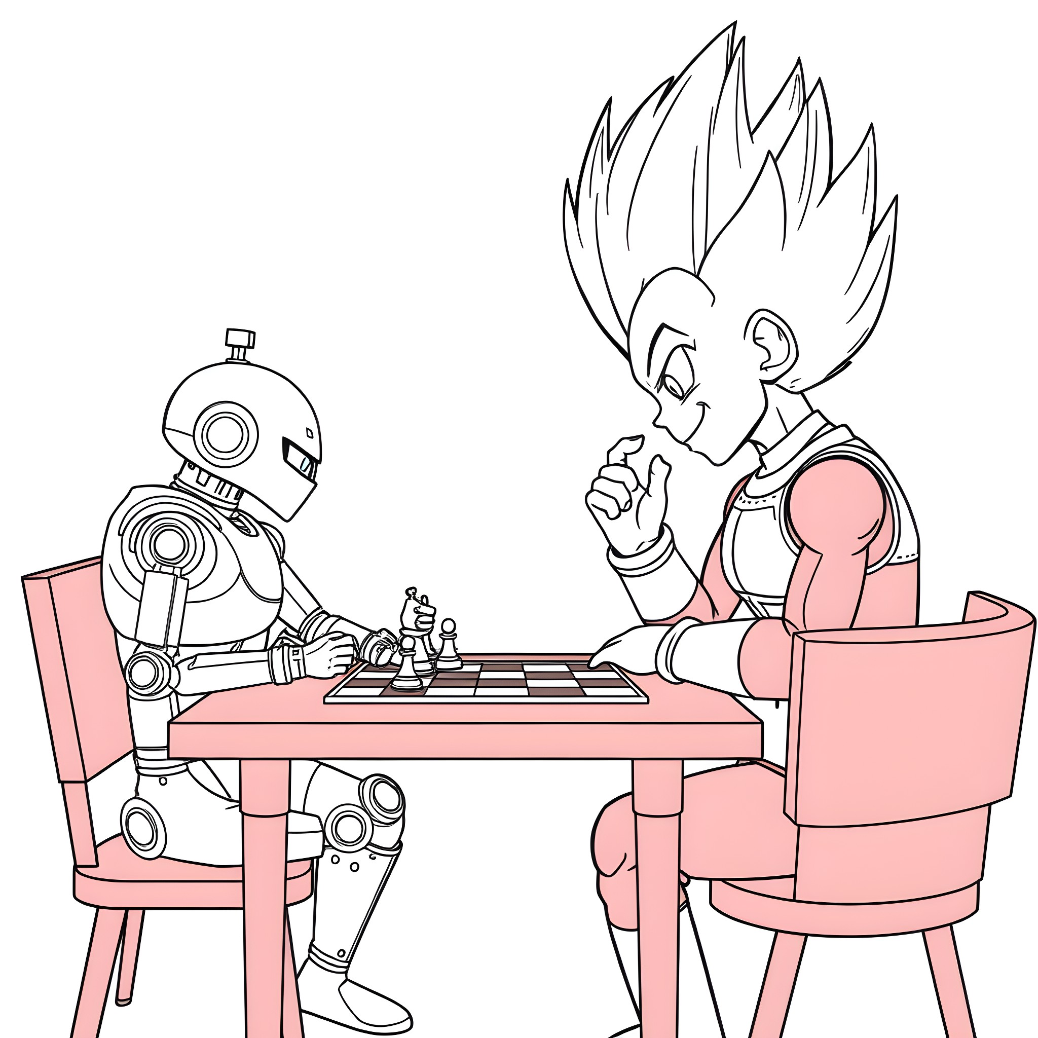 Vegeta playing chess with a robot opponent Coloring Page (free black-and-white line drawing printable PDF for all, from beginners to advanced learners, including children, teens, adults, and seniors)