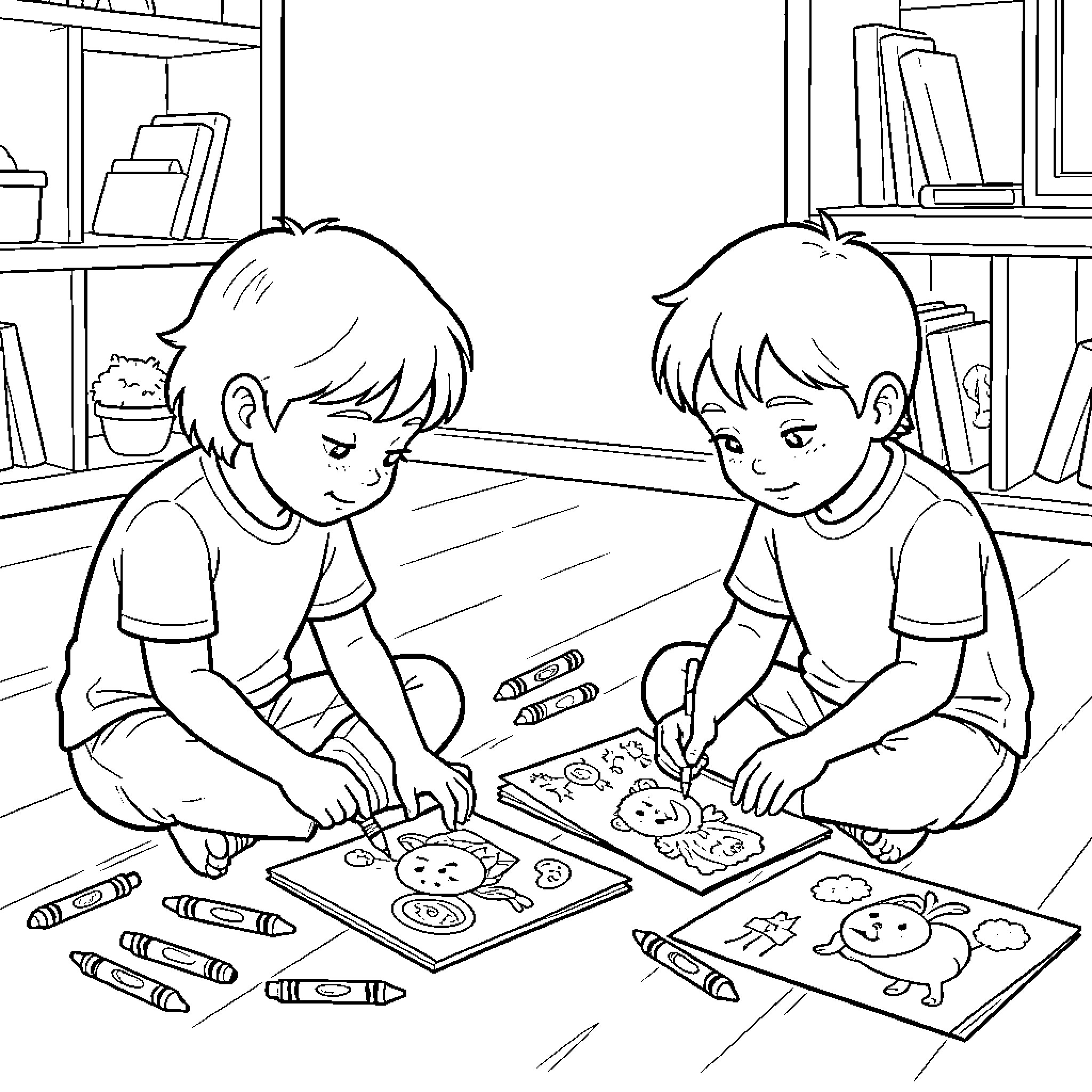 Kid drawing cheerful pictures while sitting on the floor Coloring Page (free black-and-white line drawing printable PDF for all, from beginners to advanced learners, including children, teens, adults, and seniors)