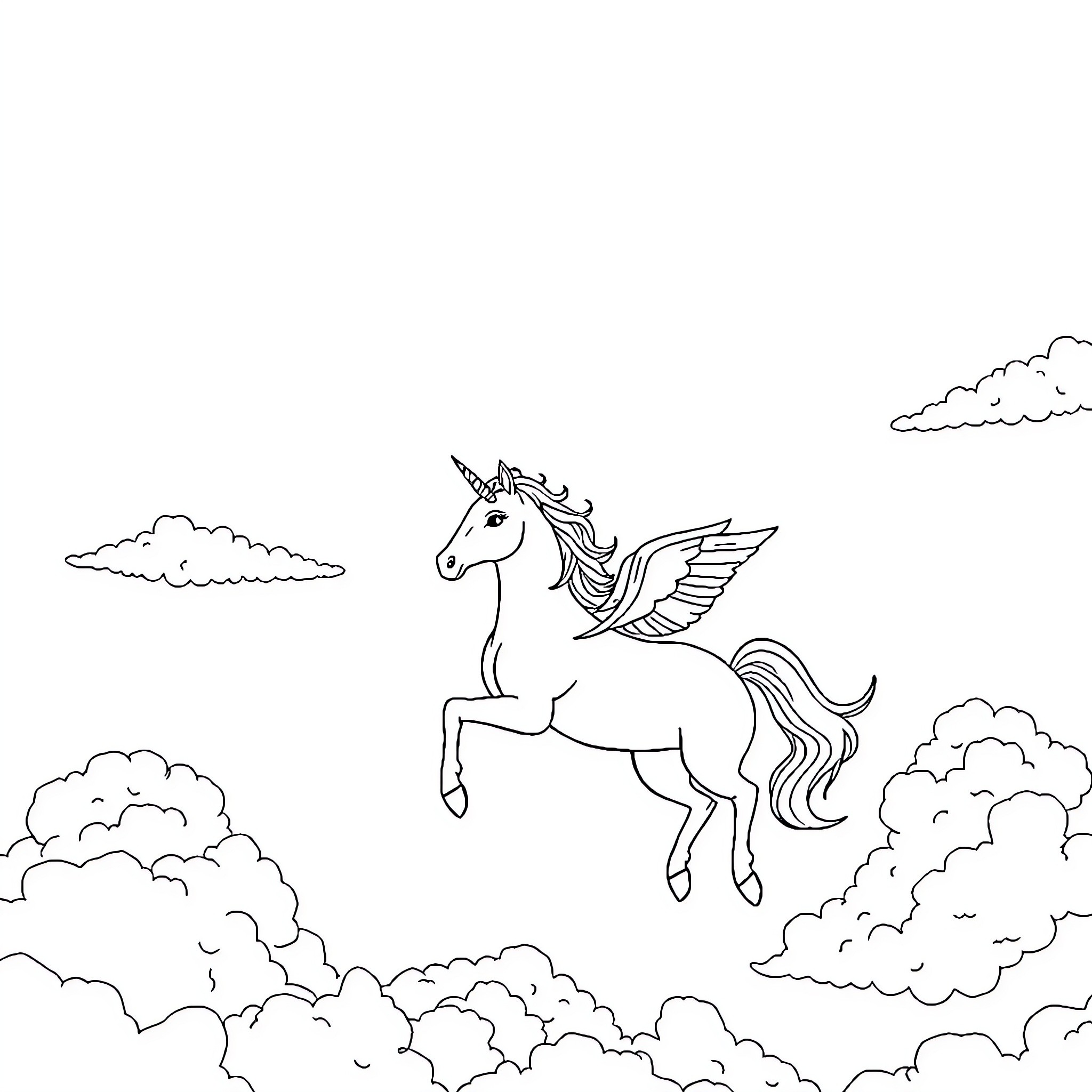 Unicorn soaring gracefully through the clouds Coloring Page (free black-and-white line drawing printable PDF for all, from beginners to advanced learners, including children, teens, adults, and seniors)