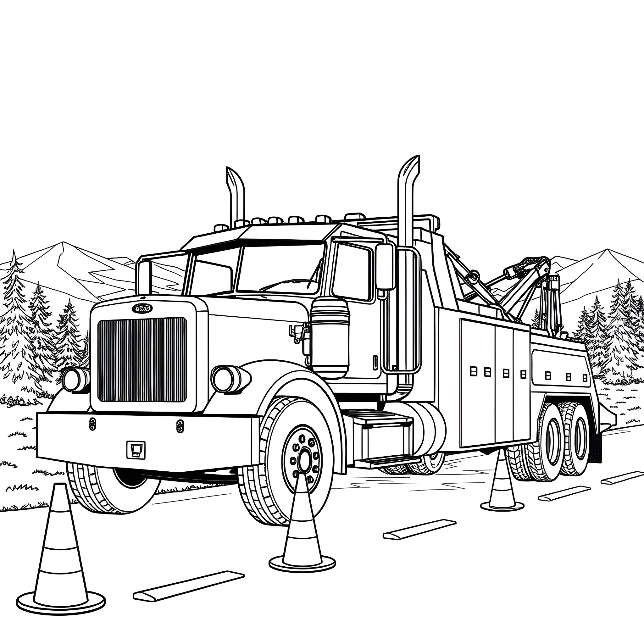 Tow Truck Assisting Stranded Vehicle in Mountainous Terrain Coloring Page (free black-and-white line drawing printable PDF for all, from beginners to advanced learners, including children, teens, adults, and seniors)