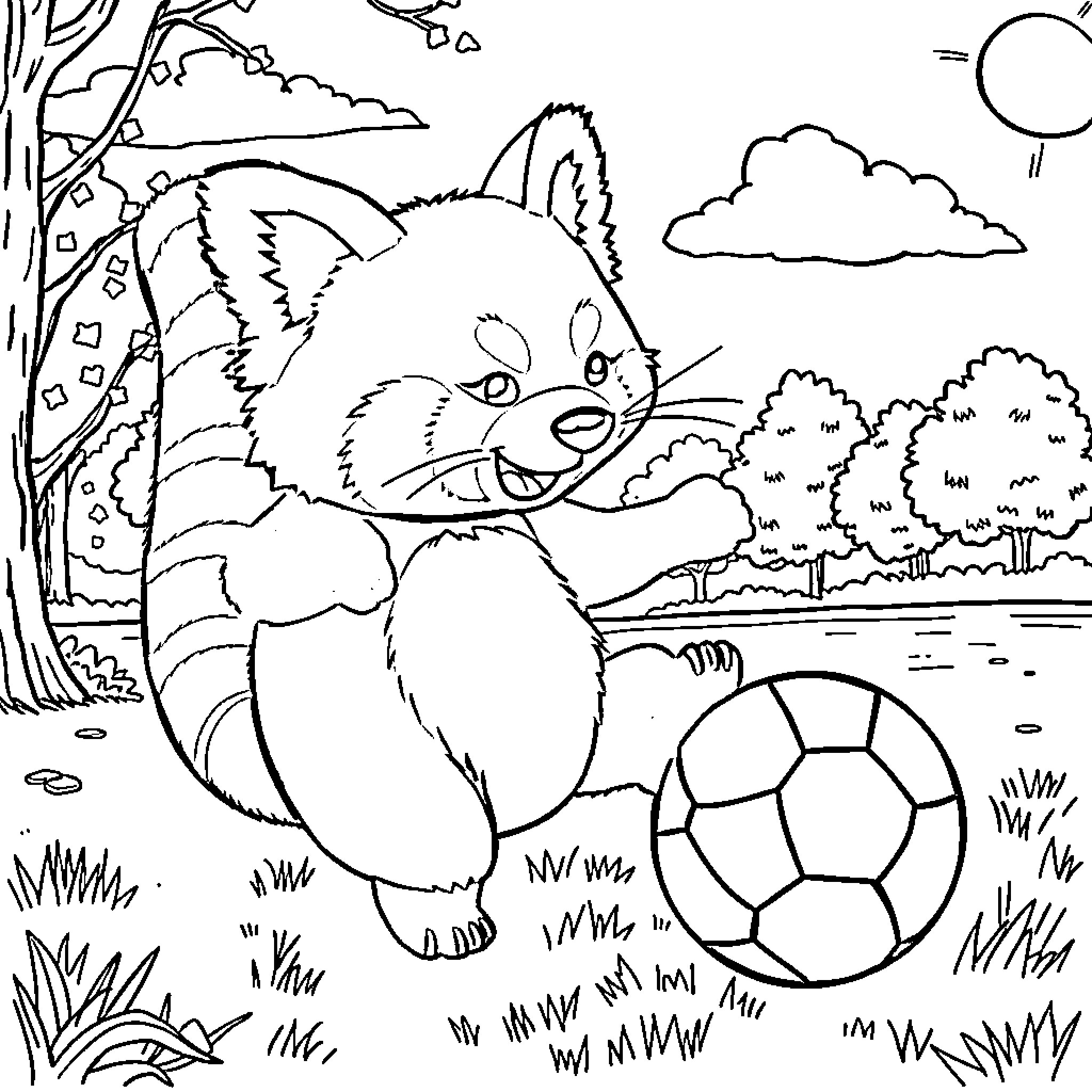 Panda playing with soccer ball in the park Coloring Page (free black-and-white line drawing printable PDF for all, from beginners to advanced learners, including children, teens, adults, and seniors)