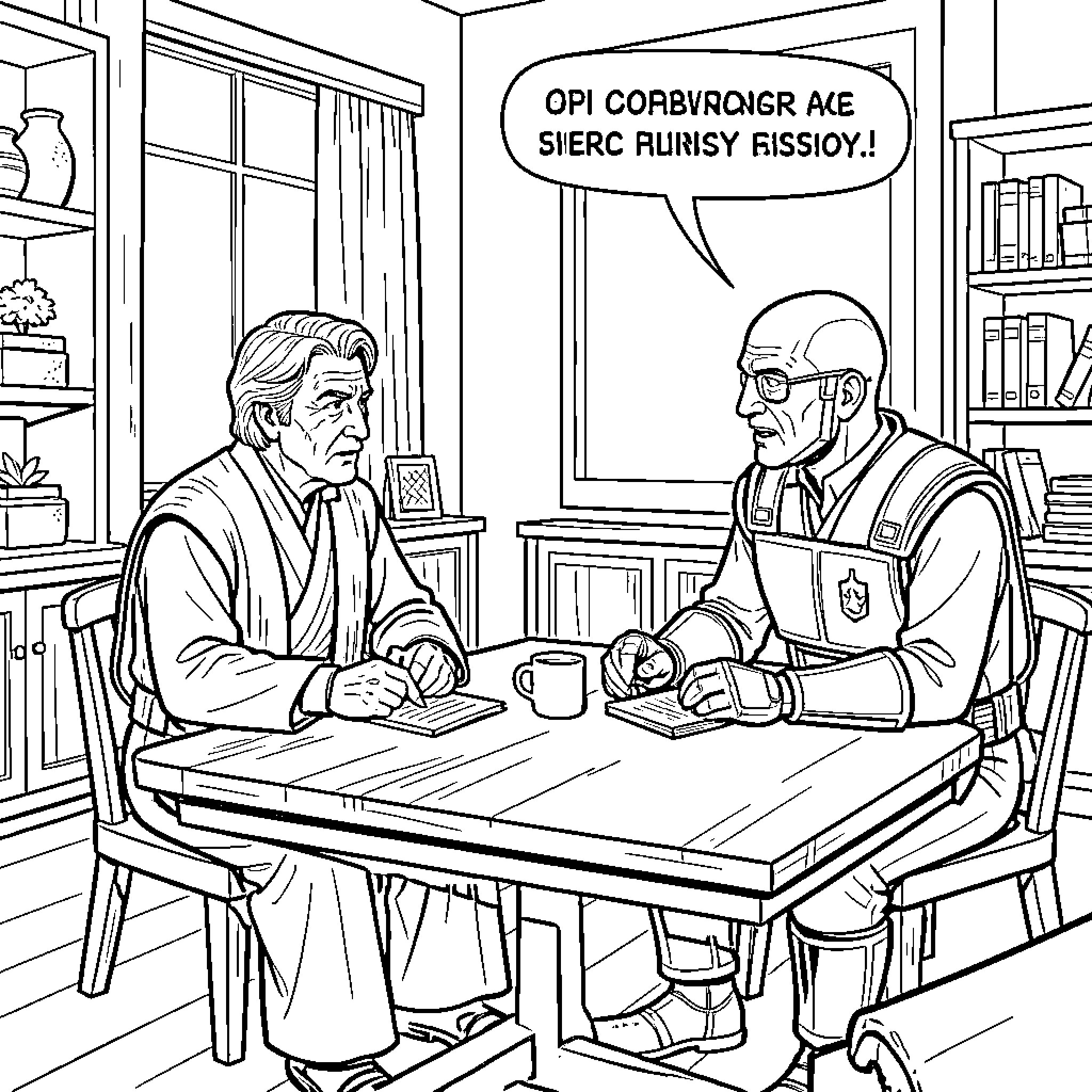 Obi-Wan Kenobi sitting at a table talking to a man Coloring Page (free black-and-white line drawing printable PDF for all, from beginners to advanced learners, including children, teens, adults, and seniors)