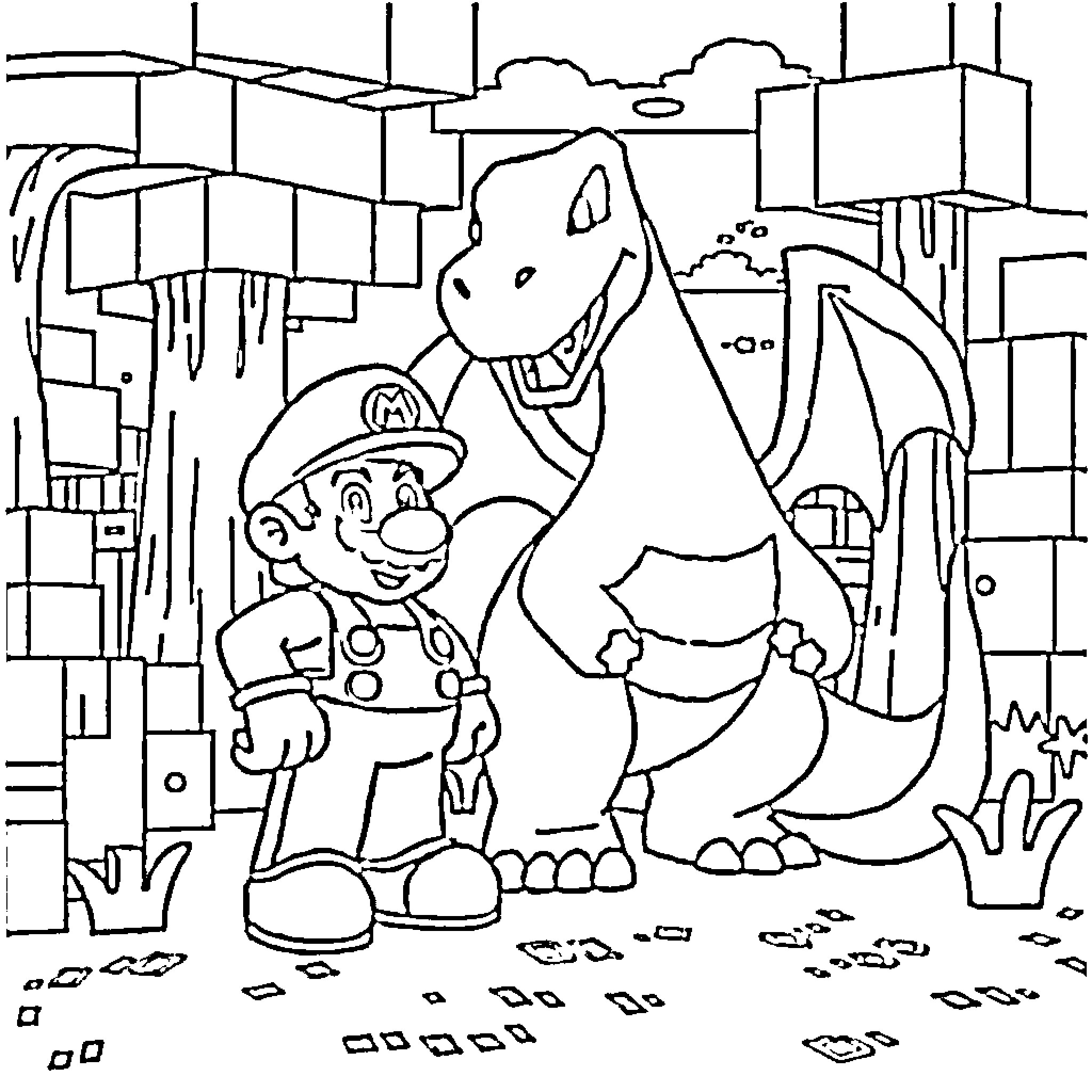 Mario and his Dinosaur Companion Exploring the City Coloring Page (free black-and-white line drawing printable PDF for all, from beginners to advanced learners, including children, teens, adults, and seniors)